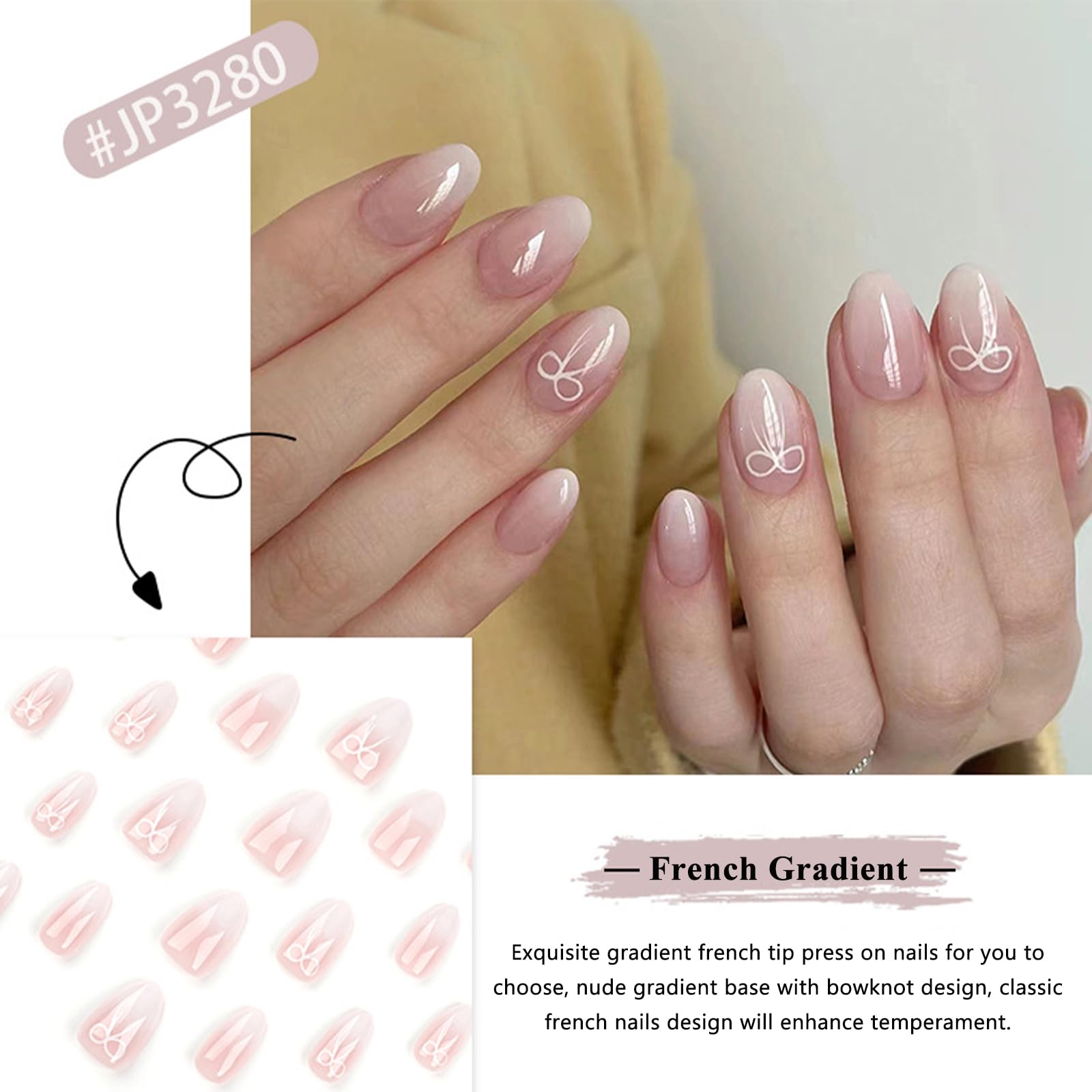 French Tip False Nails, 24Pcs Short Almond Press on Nails, Nude Gradient False Nails Almond Pattern with Bowknot - Image 2