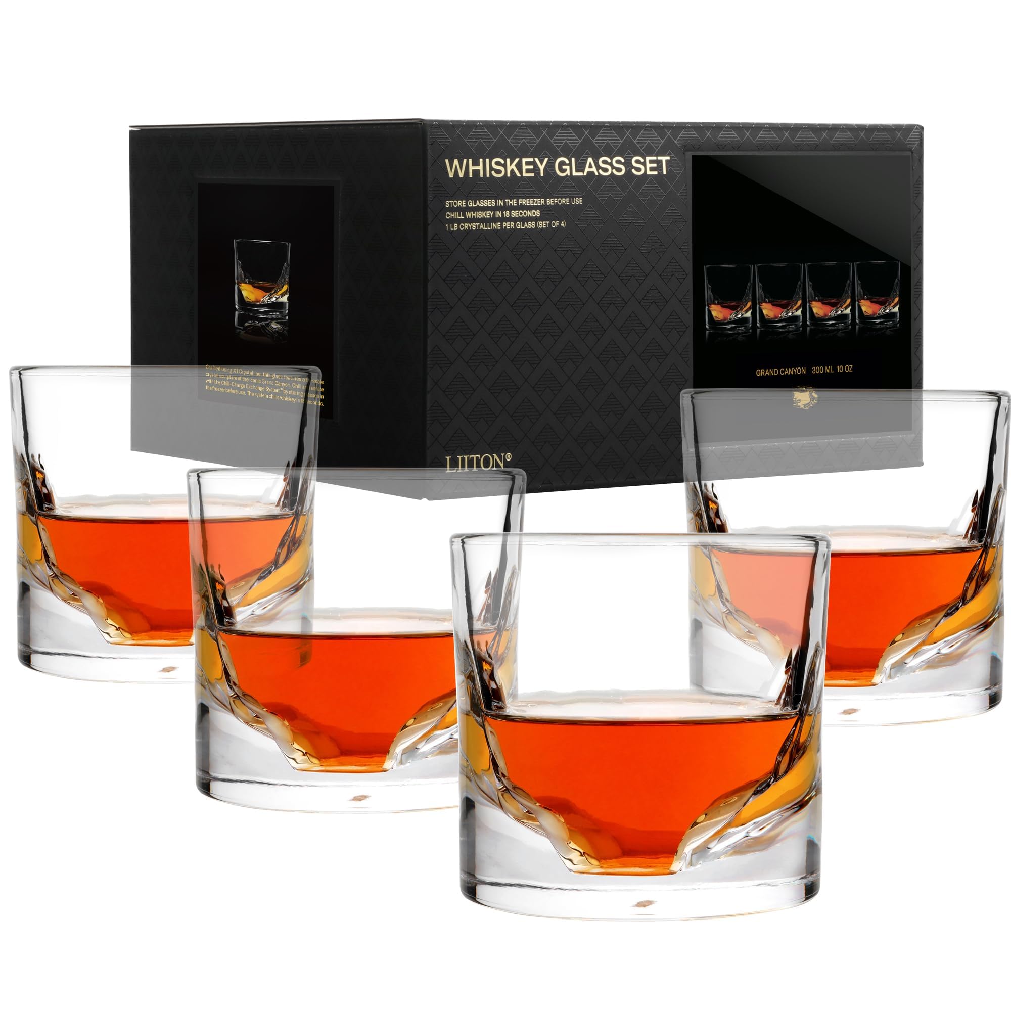 Whiskey Glasses Set of 4: Heavy whiskey tumblers perfect for old glasses, scotch, bourbon and bar drinks, gorgeous mountain design, thick and heavy bottom barware accessories