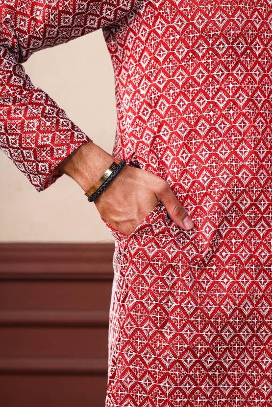 Image of ALMORA Men's Embroidered with Thread Work and Cotton Blend Only Slim Fit Kurta for Men