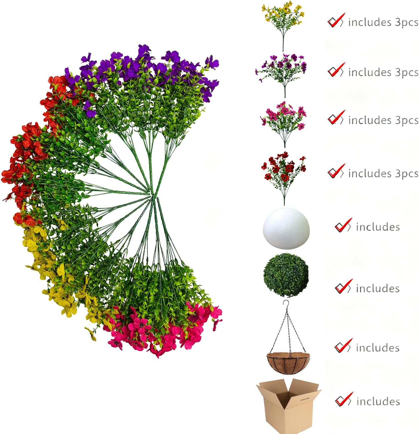 Artificial Faux Hanging Plants Flowers Basket for Spring/Summer Outside Decoration,Outdoor Flowers with Hanging Basket/Planters UV Resistant Colorful Daisy Eucalyptus for Porch Home Patio Balcony Yard - Image 4