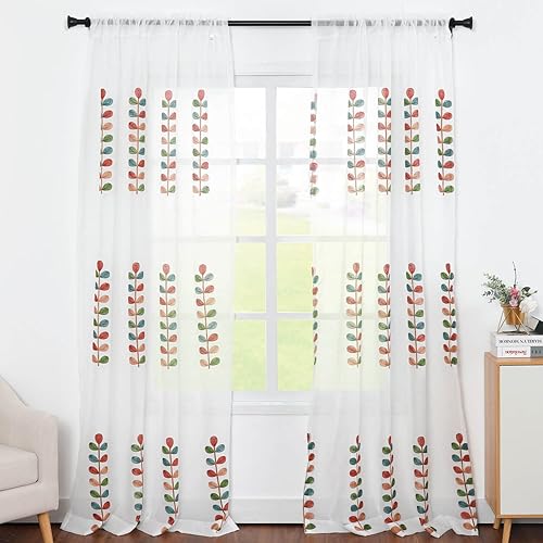 VOGOL Cortinas traslúcidas de 84 pulgadas de largo, con hojas de colores bordadas de color blanco, cortina transparente para ventana, para sala de