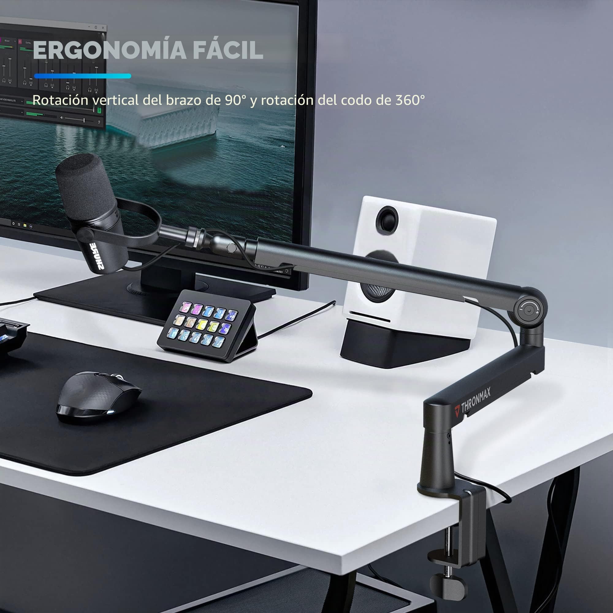 THRONMAX Twist S6 Brazo Micrófono Perfil Bajo, Soporte de Micrófono Robusto Plegado de 360º con gestión de cables, 1/4" 3/8" 5/8" Acero inoxidable por Blue Yeti, Universales, Blanco