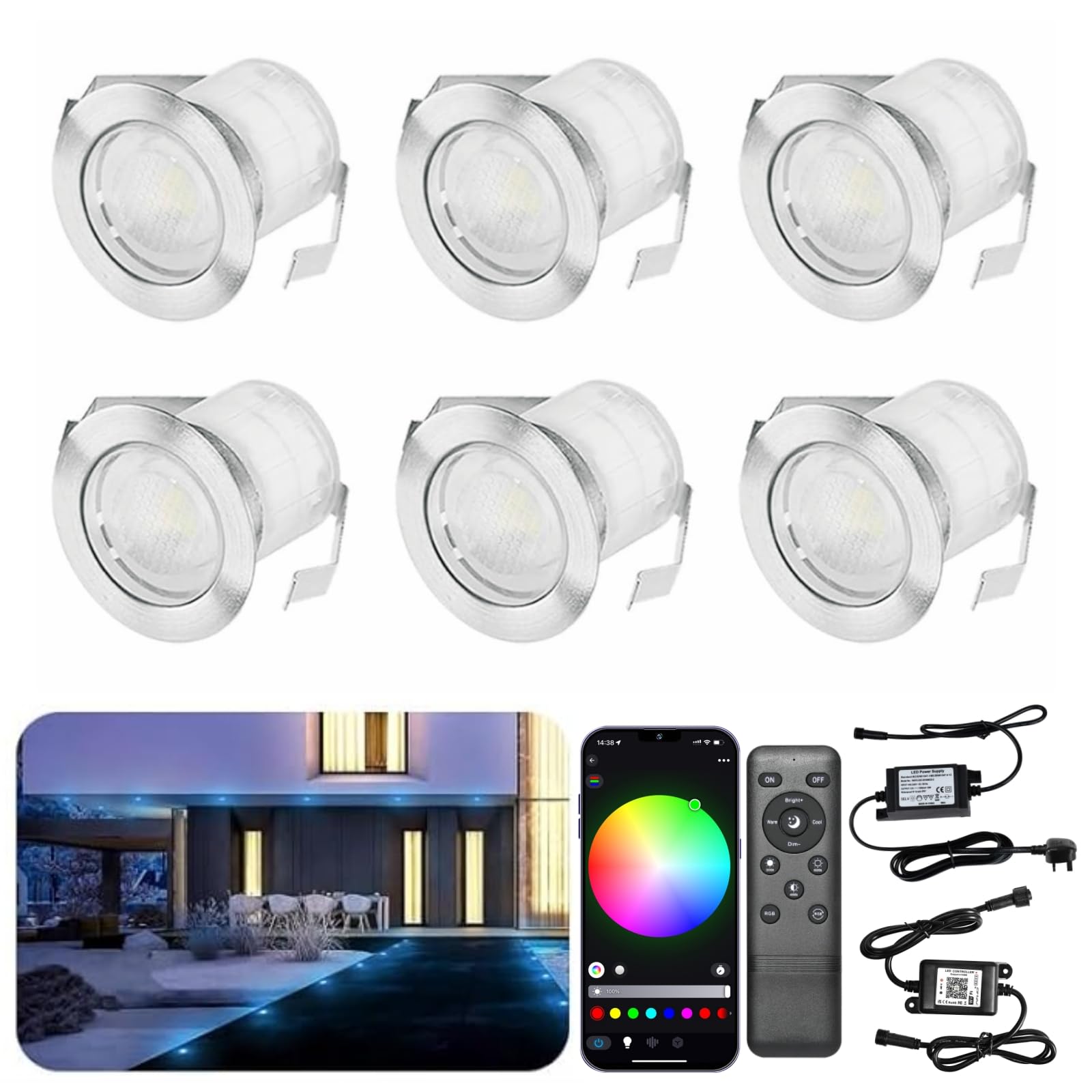 Indarun Rgb + Wifi Controller Rgb Wifi Led Decking Lights Waterproof Ip67 Ø30mm - Led Plinth Lights For Terrace/Patio/Path/Wall/Garden/Decoration, 6 Packs