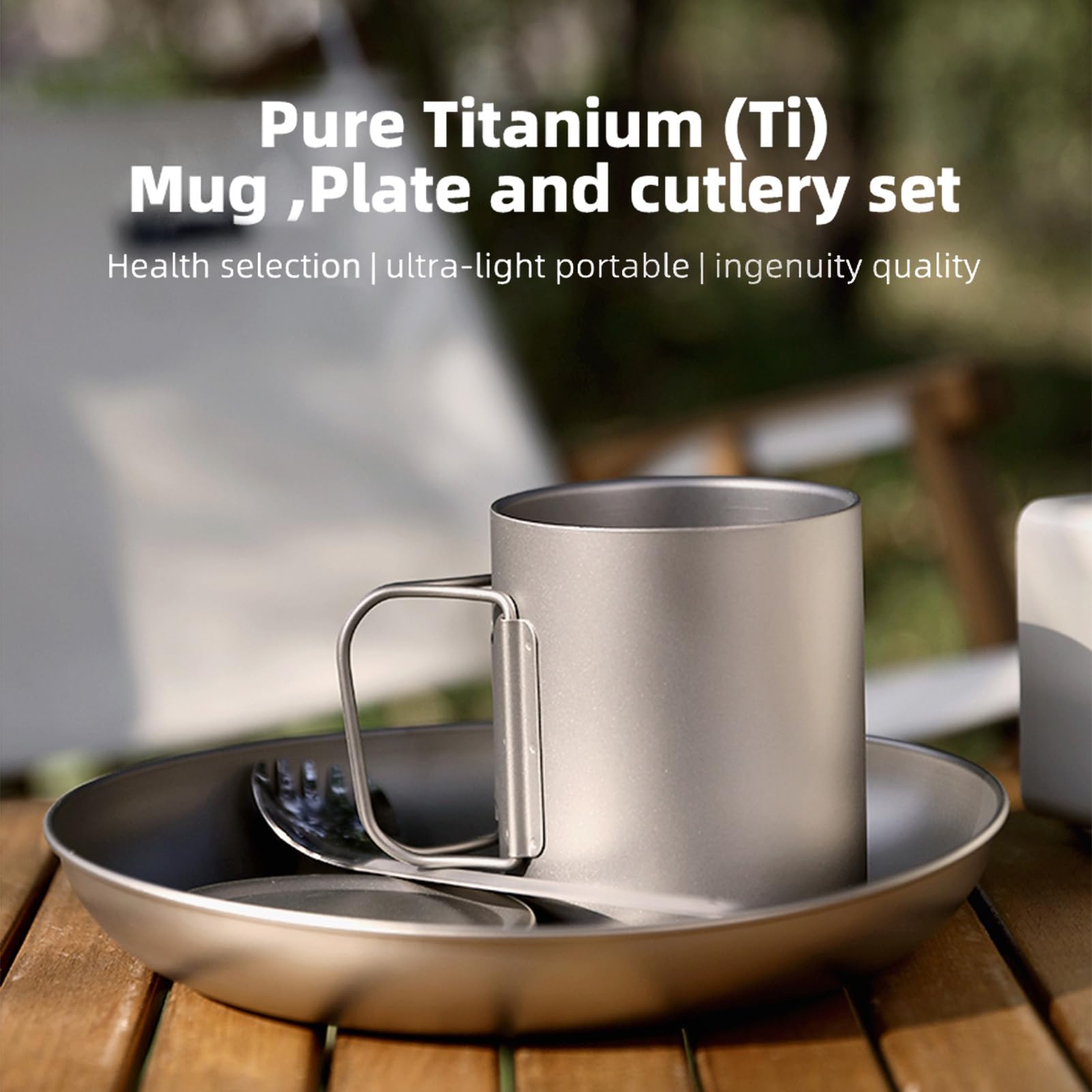 Titaniums Camping Utensilienset, Outdoor Essgeschirrset mit 3 Teiligem Geschirr Becher Essteller Spork für Rucksacktouren, Wanderungen, Picknicks