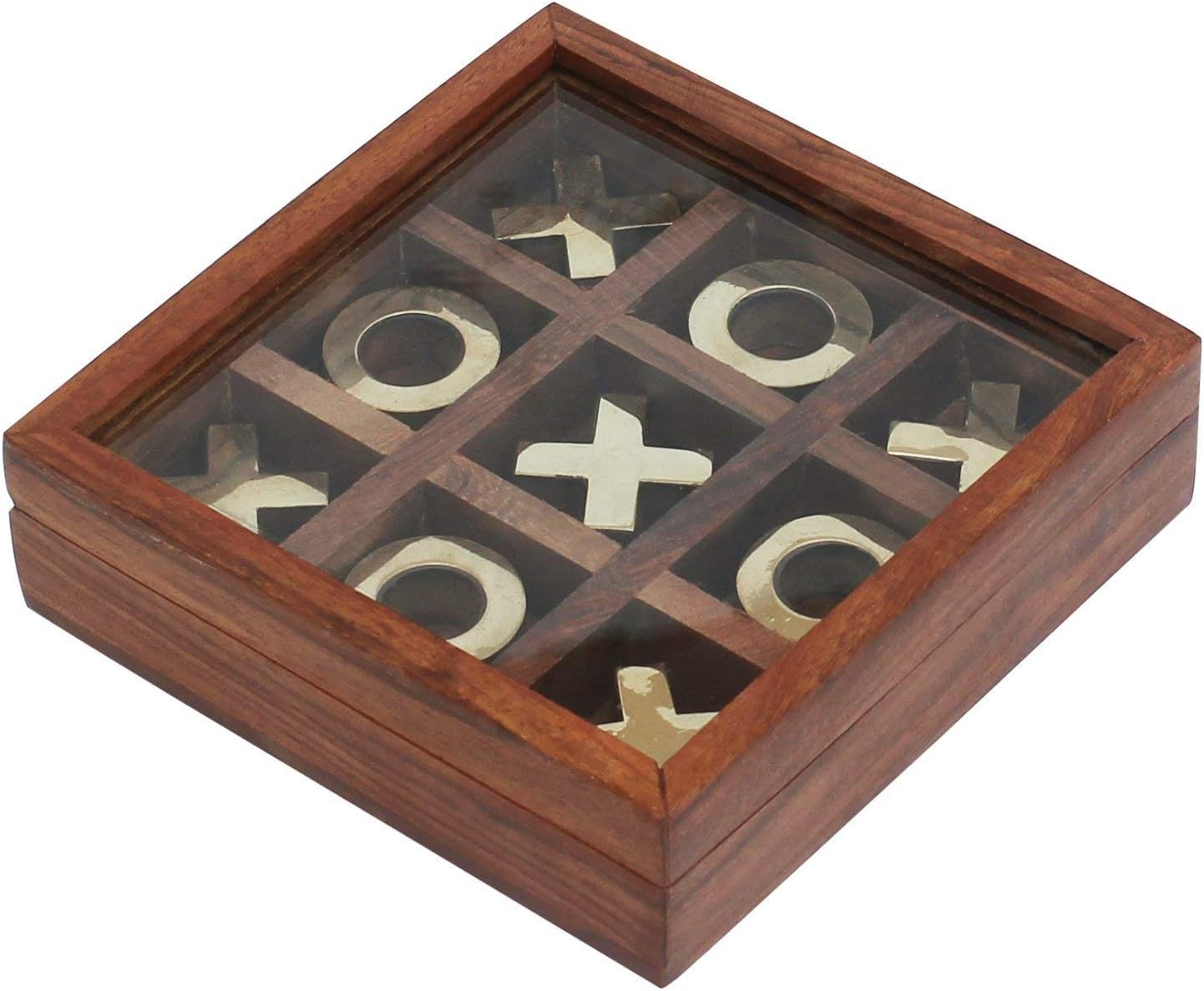 Pebble Crafts Tick Tack Toe - Tic tac Toe - Wooden Family Board Game Metal Naughts & Crosses Storage Box with Glass Lid -Unique Table/Desk/Floor/Indoor Game