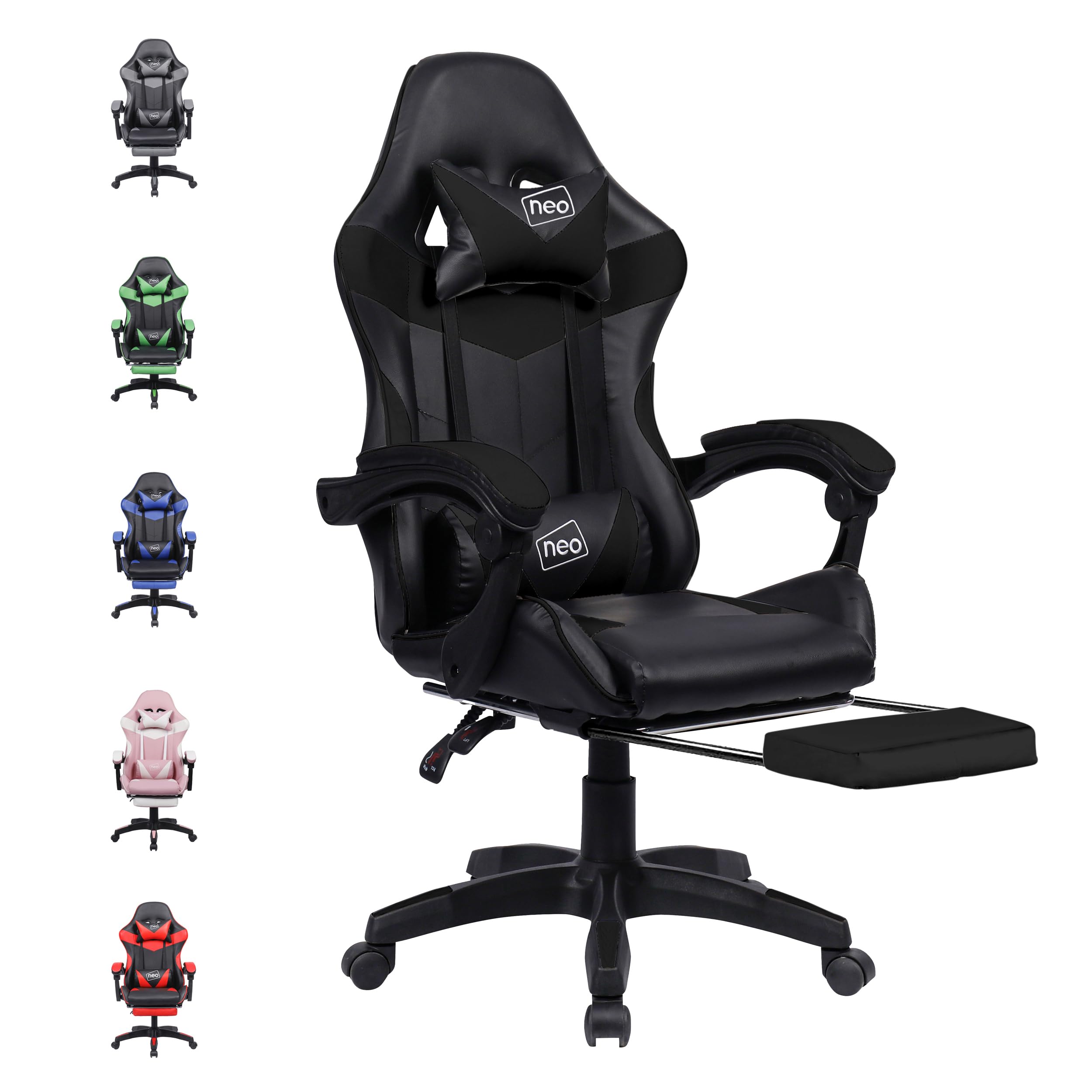 Neo Executive PU Leather Massage Sport Racing Gaming Home Office Computer Chair Lumbar Back Support Footrest (Black)