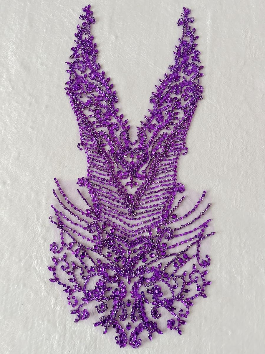 Large Size Rhinestones Beads Bodice Applique handsewing Shining Acrylic Stones Trim lace Patches for Wedding Graduation Dress Accessories 31X13.7inches (Purple)