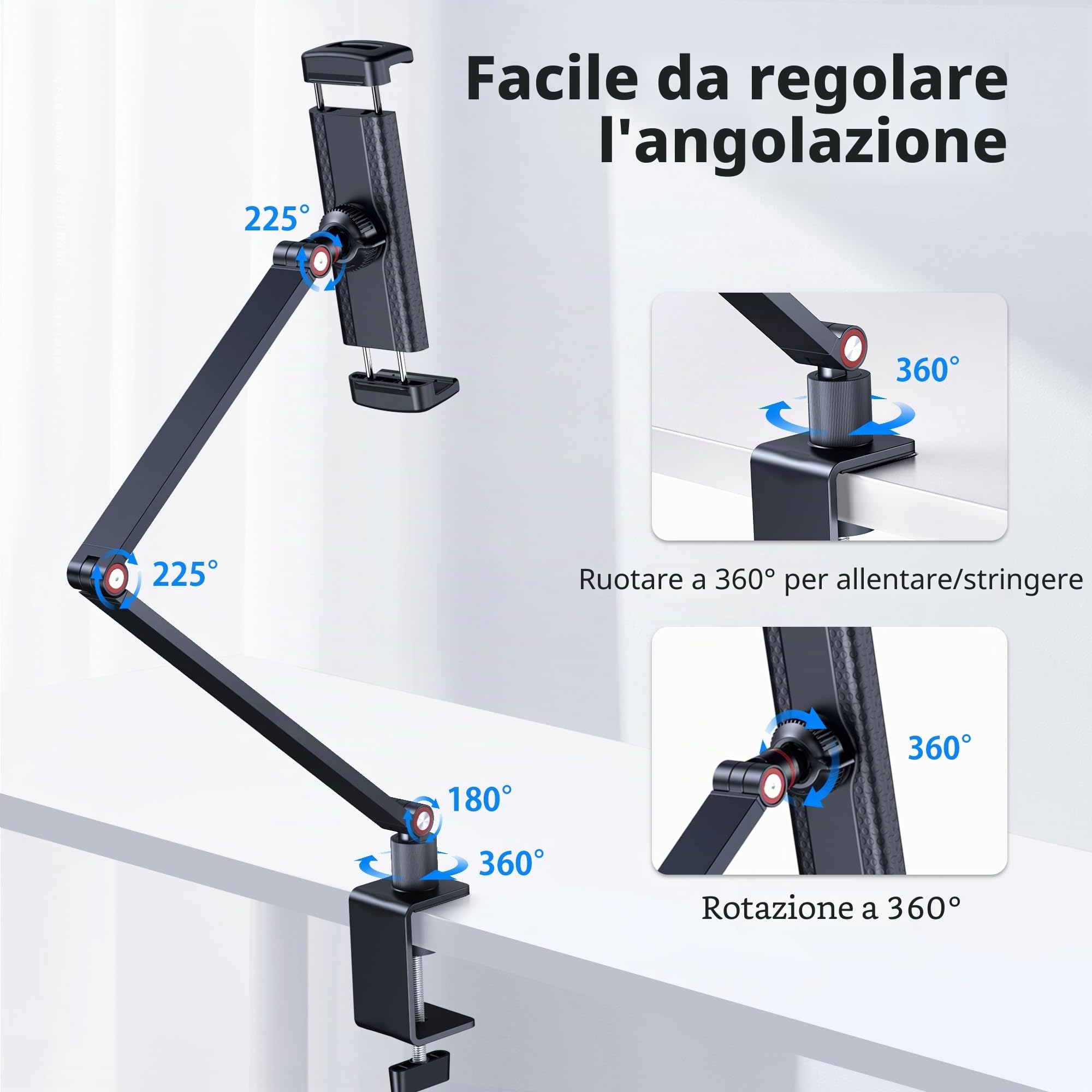 Supporto per tablet, supporto per iPad in alluminio per scrivania, braccio regolabile con base girevole a 360°, compatibile con iPad Pro/Air/Mini, iPhone, Kindle, Fire HD da 4,7 a 13 pollici
