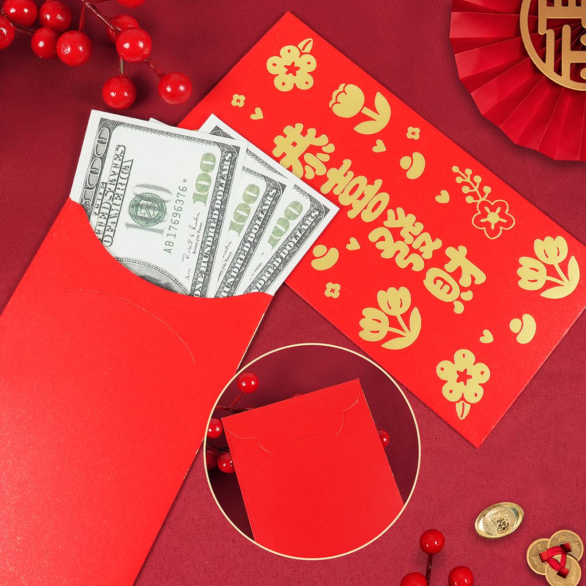 Red Envelopes Chinese New Year, 30 Pack 6 Styles Gold Foil Lucky Money Envelopes for Cash, 6.6 x 3.5inches - Image 2