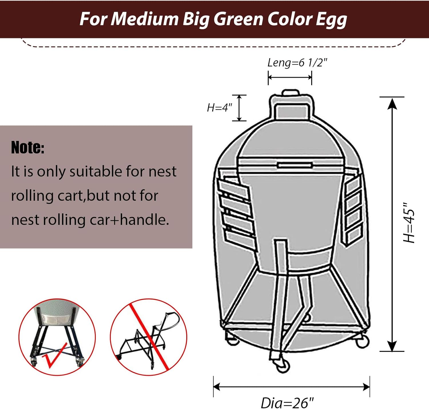 26 in Kamado Grill Full Cover Compatible with Big Green Egg Medium,Kamado Grill Egg Ceramic Grill,26 in Dia Waterproof Outdoor Grill Cover Smoker Accessories Long Enough to Cover Wheel and Shelves