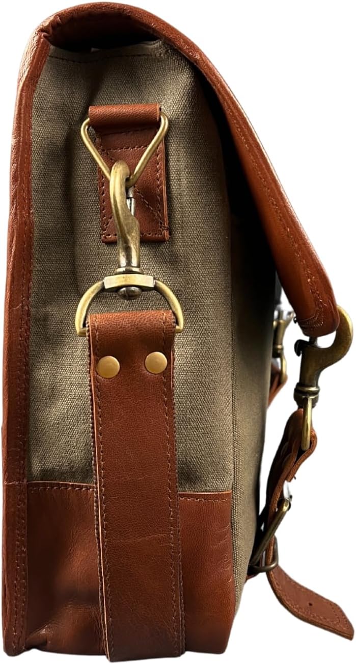 Madosh Genuine Brown Leather Canvas Laptop Men’s Briefcase Side Crossbody Office Shoulder Business Messenger Laptop Handbag for men