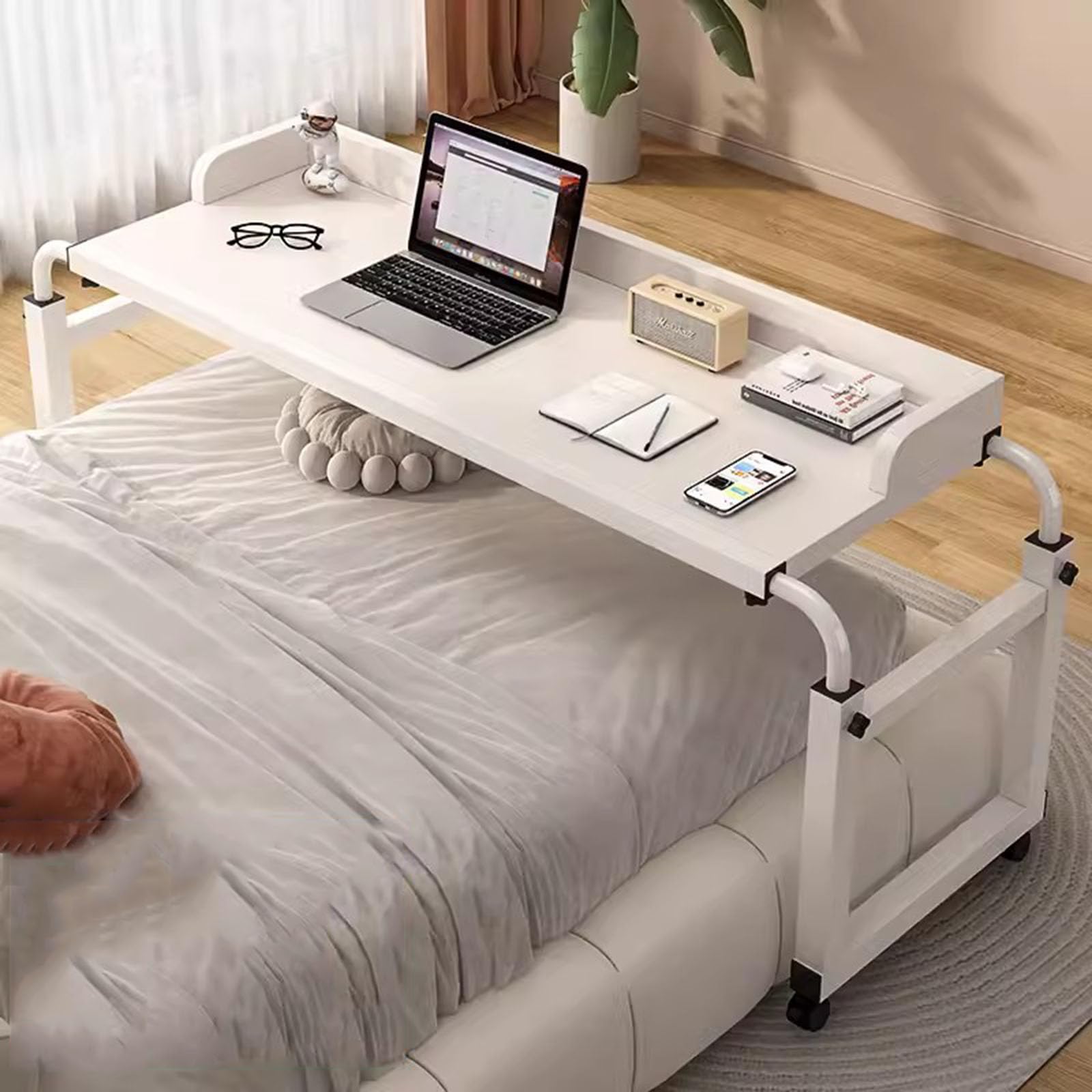 Tavolino Servitore Regolabile，Tavolino Mobile da Tavolo da Computer A Croce Tavolino da Letto E Divano Ruote con Lunghezza 115-210cm E Altezza 65-95cm Regolabili(Color:White)