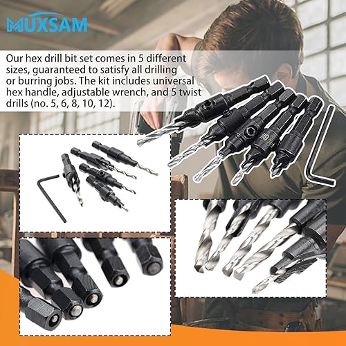 Miniatura 6 de MUXSAM Juego de brocas de 14 de pulgada, 5 brocas avellanadoras ajustables para metal, carpintería, aluminio, broca de acero de alta velocidad de