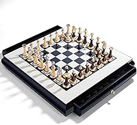 Vista 3 de AMEROUS Juego de ajedrez de madera de 16 pulgadas, tablero de gran tamaño con 2 cajones de almacenamiento integrados, 2 reinas adicionales, piezas