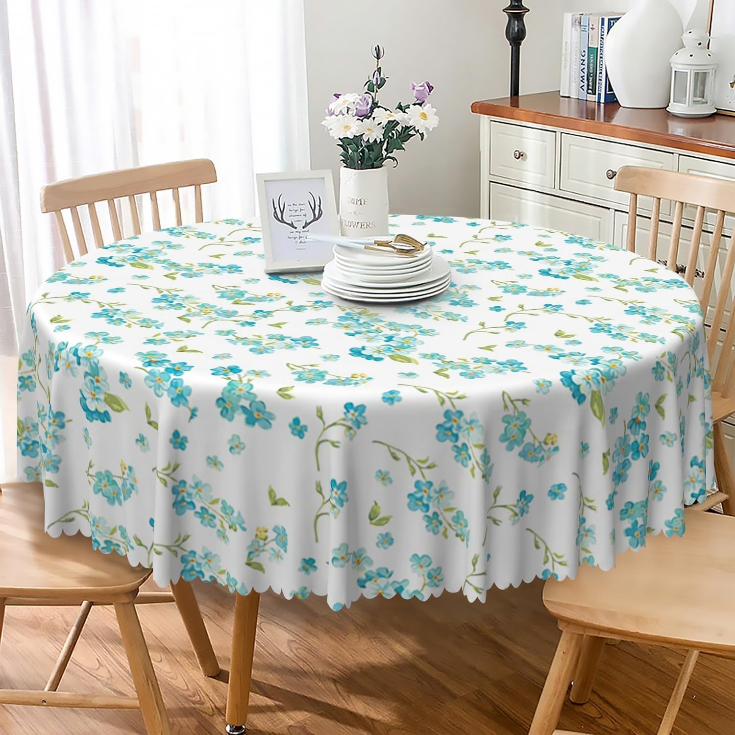 Floral Round Tablecloth 54 Inch Blue Teal Flowers Green Leaves Decorative Table Cover Waterproof and Stain Resistant Fabric Table Cloth for Kitchen Dining Home Decor Picnic Indoor Outdoor Use