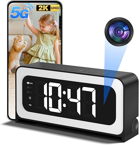 Cámara de reloj inteligente 2K, 5G y 2.4G WiFi Nanny Cam Cámara inalámbrica para interiores, cámaras para seguridad del hogar, detección y alarma