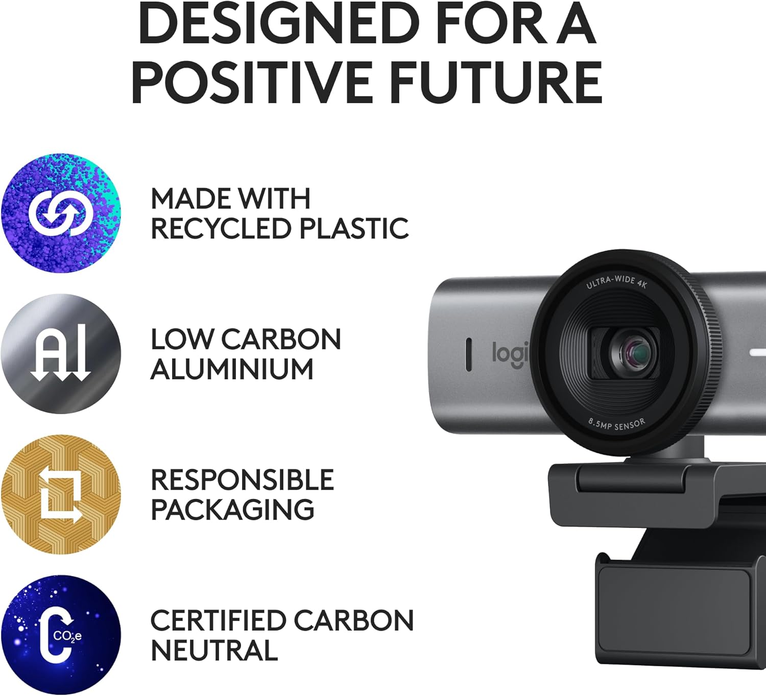 Logitech MX Brio 705 webcam with icons representing recycled plastic, low carbon aluminum, responsible packaging, and carbon neutral certification.
