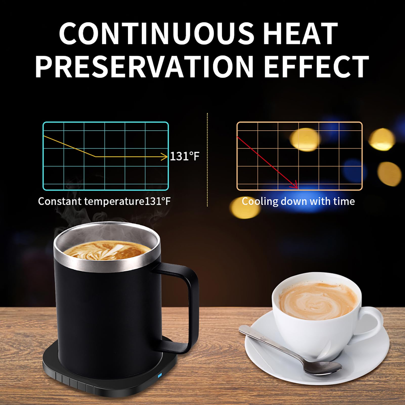 HUIOP calentador de tazas,Calentador de tazas de café 2 en 1 y cargador inalámbrico con taza y tapa 131.0 °F/131 ℉ Temperatura constante inteligente 10.5 oz Calentador de tazas de bebidas de acero ino