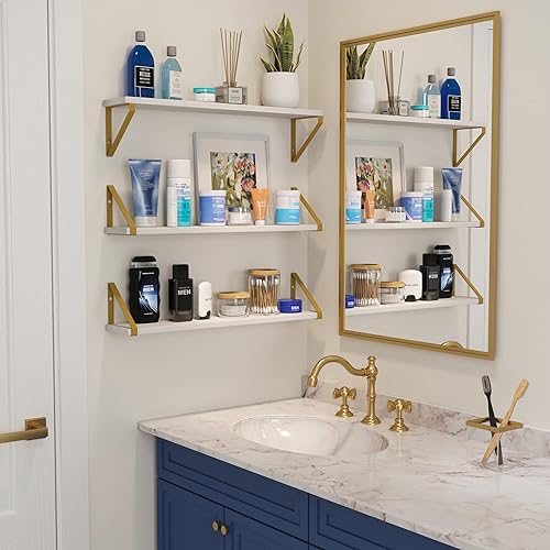 Miniatura 6 de Wallniture Ponza White Floating Wall Shelves with Gold Color Metal Brackets, Living Room, Bedroom, Bathroom, Home Office Decor, Set of 3