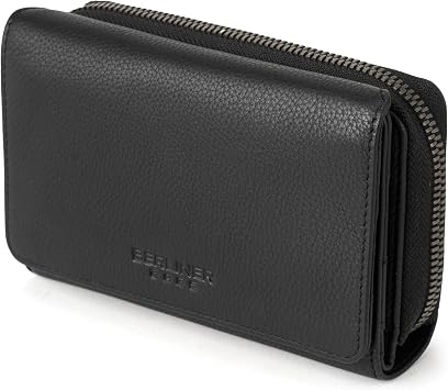 BERLINER BAGS Premium Genuine Leather Wallet Vienna, RFID Blocking Credit Card Holder, Trifold Clutch Purses, Zip Around Womens Wallet for 19 cards, ID Window, Bills, Coins, Gift Box - Black