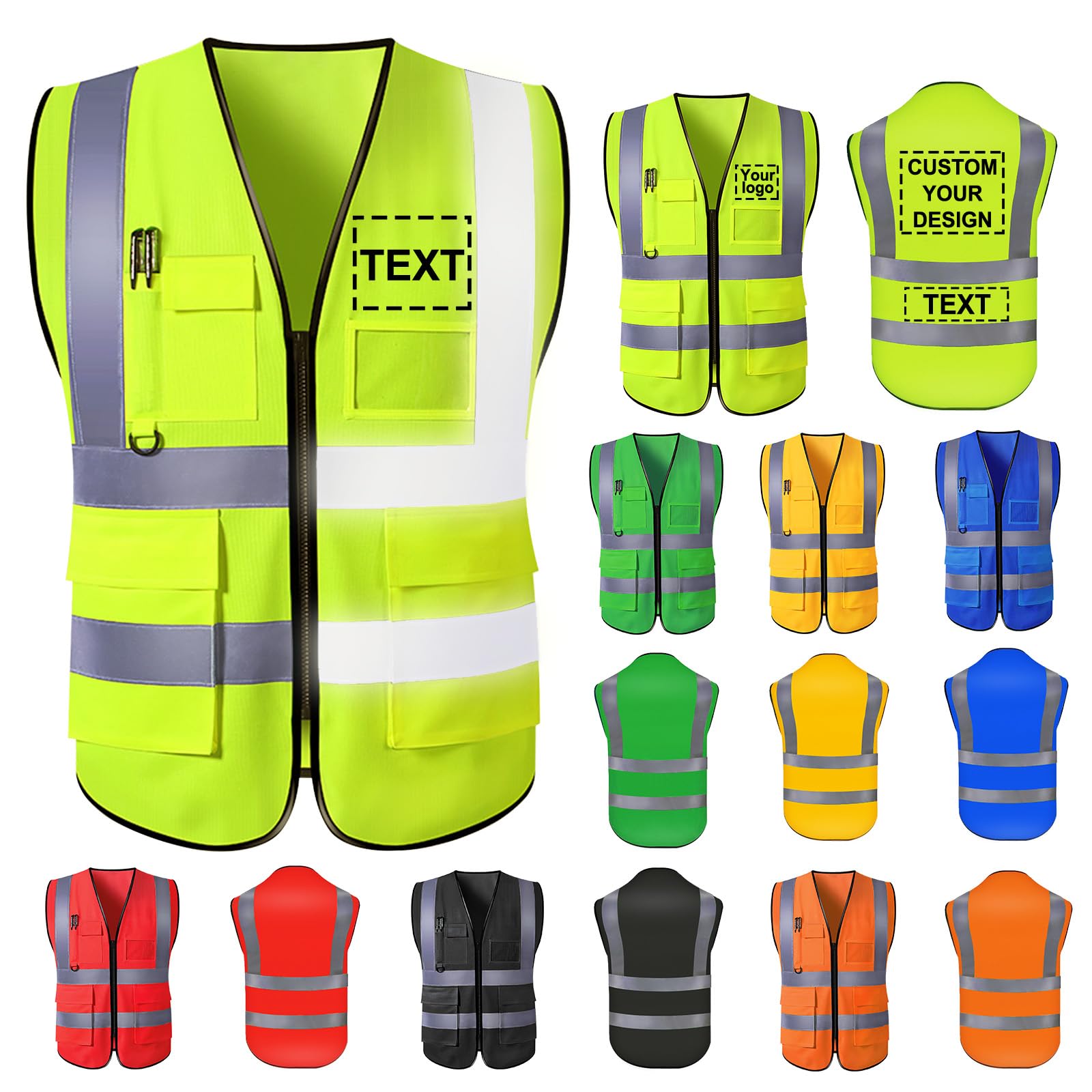 Custom Safety Vest for Men with Logo High Visibility Security Workwear 5 Pockets Zipper Vests with Reflective Strip (Fluorescent Green, XXXL)