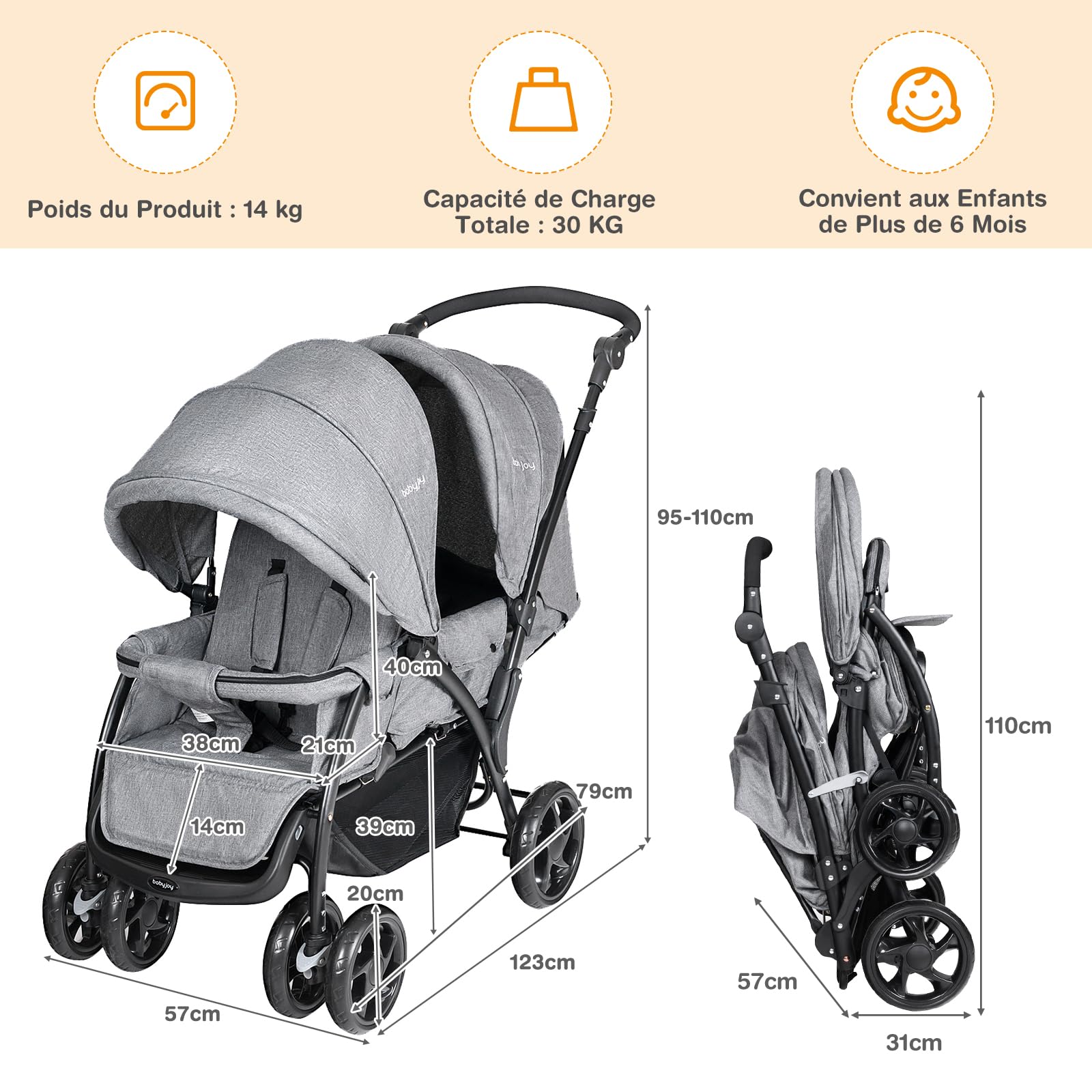 COSTWAY Poussette Canne Bébé 6 Mois+(Charge 30 kg) avec Dossier & Repose-pieds Réglables, Pousette Double Compact et Légère avec canopée, Pliable à une Main, Roues Antidérapants & Rotatives