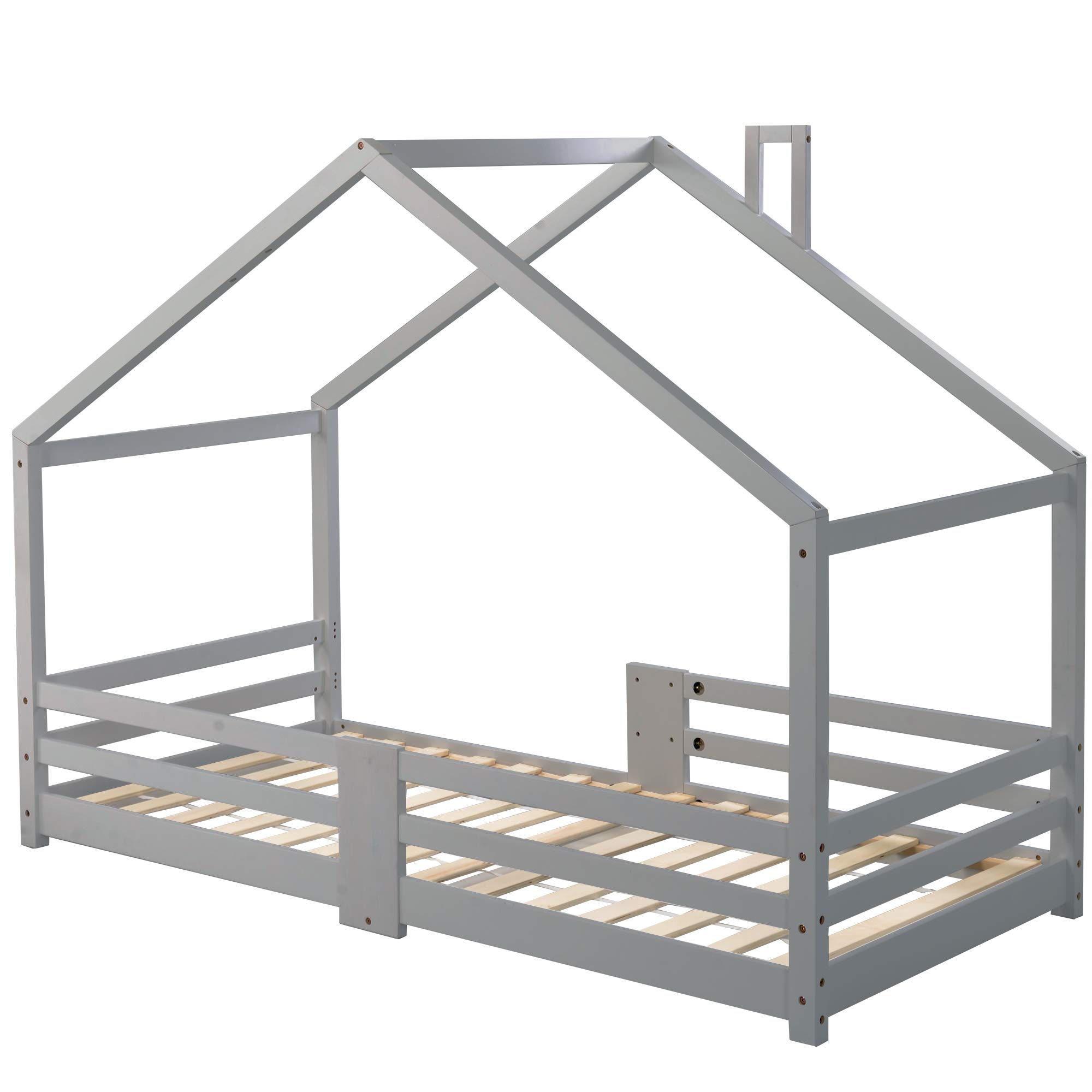 Gecheer Cama Infantil Forma de Casa, Cama Casita de Madera de Pino 90x200cm con Barandillas de Seguridad, Cama Niños con Listones Incluidos, para Dormitorio Infantil, 209x96x142.5cm YJXGGXP-QES-WF1979