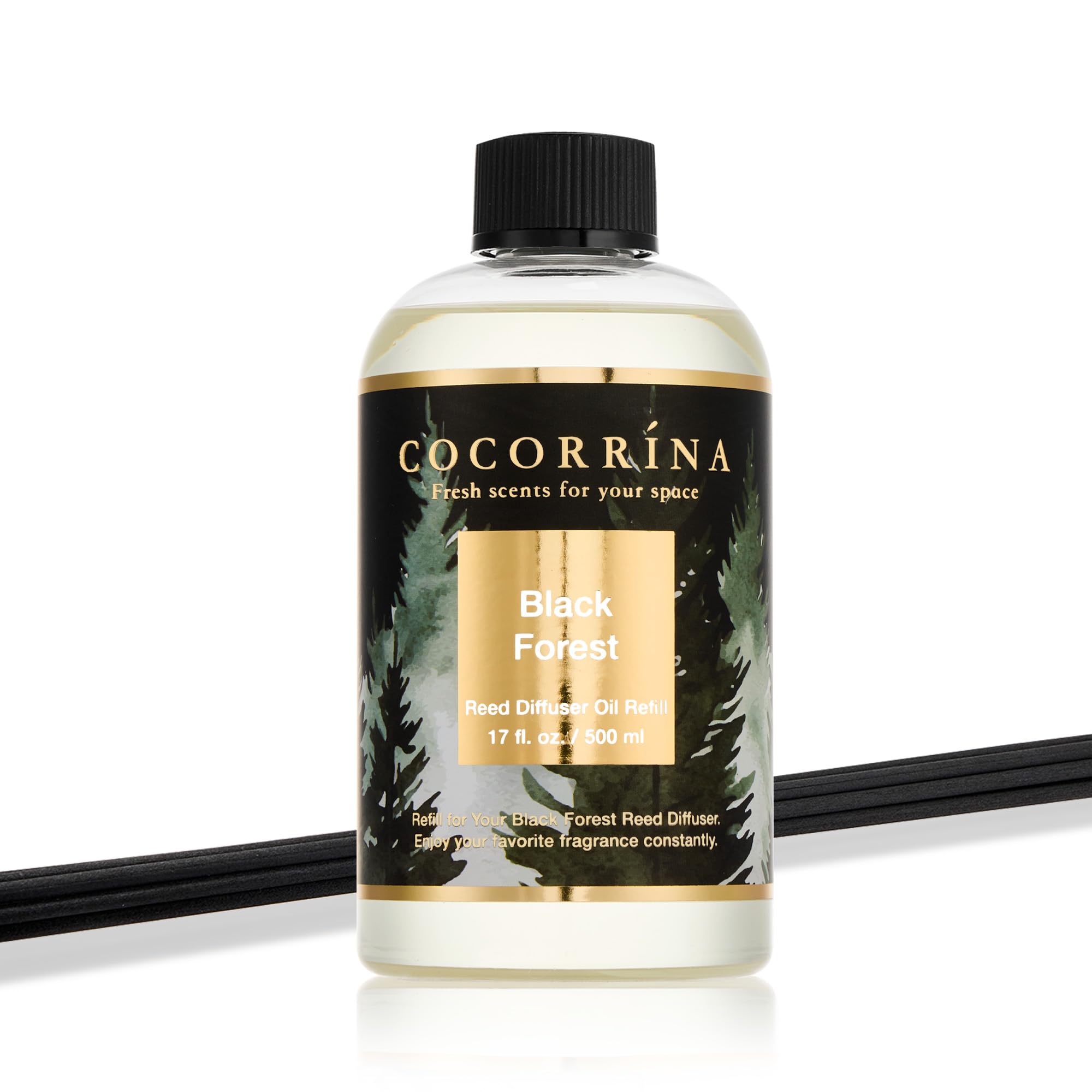 COCORRÍNA Ricarica Diffusore Ambiente 500ml con 8 Bastoncini, Black Forest, Profumo Lungo Durata con Oli Essenziali Naturali, Camera da Letto e Bagno