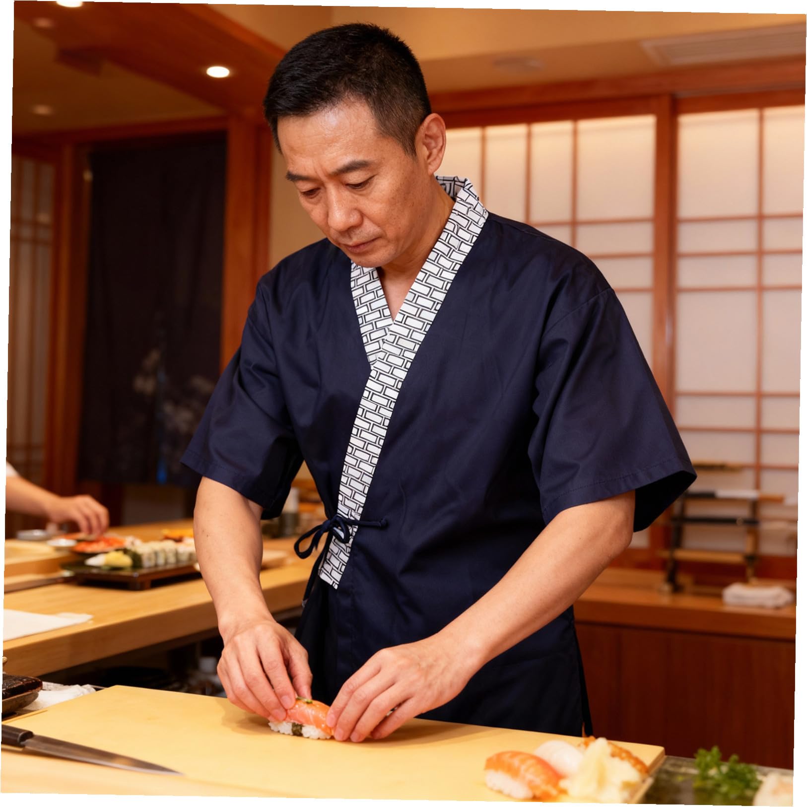 ibasenice Chaqueta Kimono Japonesa de Chef Sushi Unisex, Talla Grande L, Color Azul 425, Ropa de Trabajo para Cocina y Restaurante, Abrigo Tradicional para Hombre y Mujer, Uniforme Japonés