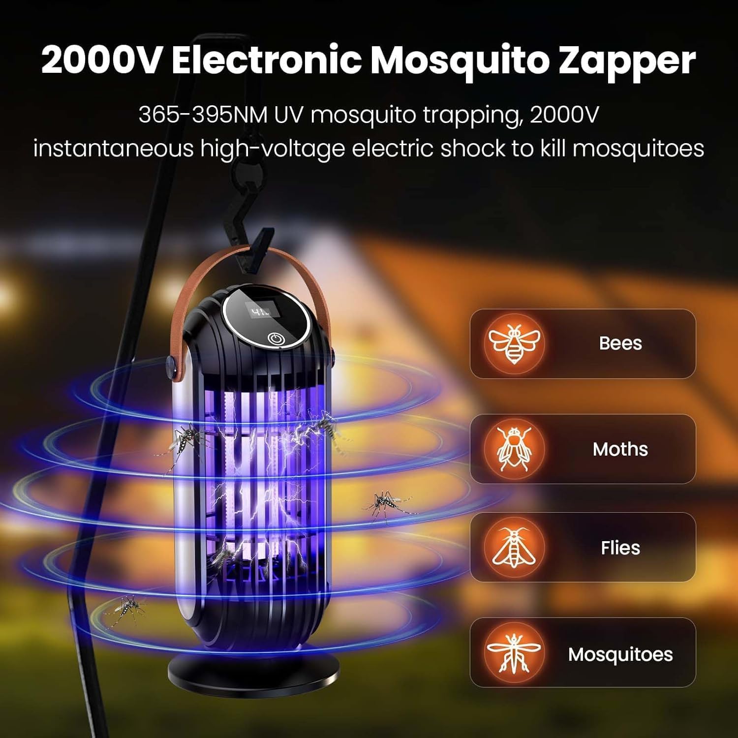 Insektenvernichter Elektrisch, 4 Modi 2000V Mückenfalle, 4000mAh USB Mückenlampe 395nm UV Insektenfalle Insektenlampe Moskito Killer Lampe Elektrische Fliegenfalle Innenbereich für Aussen