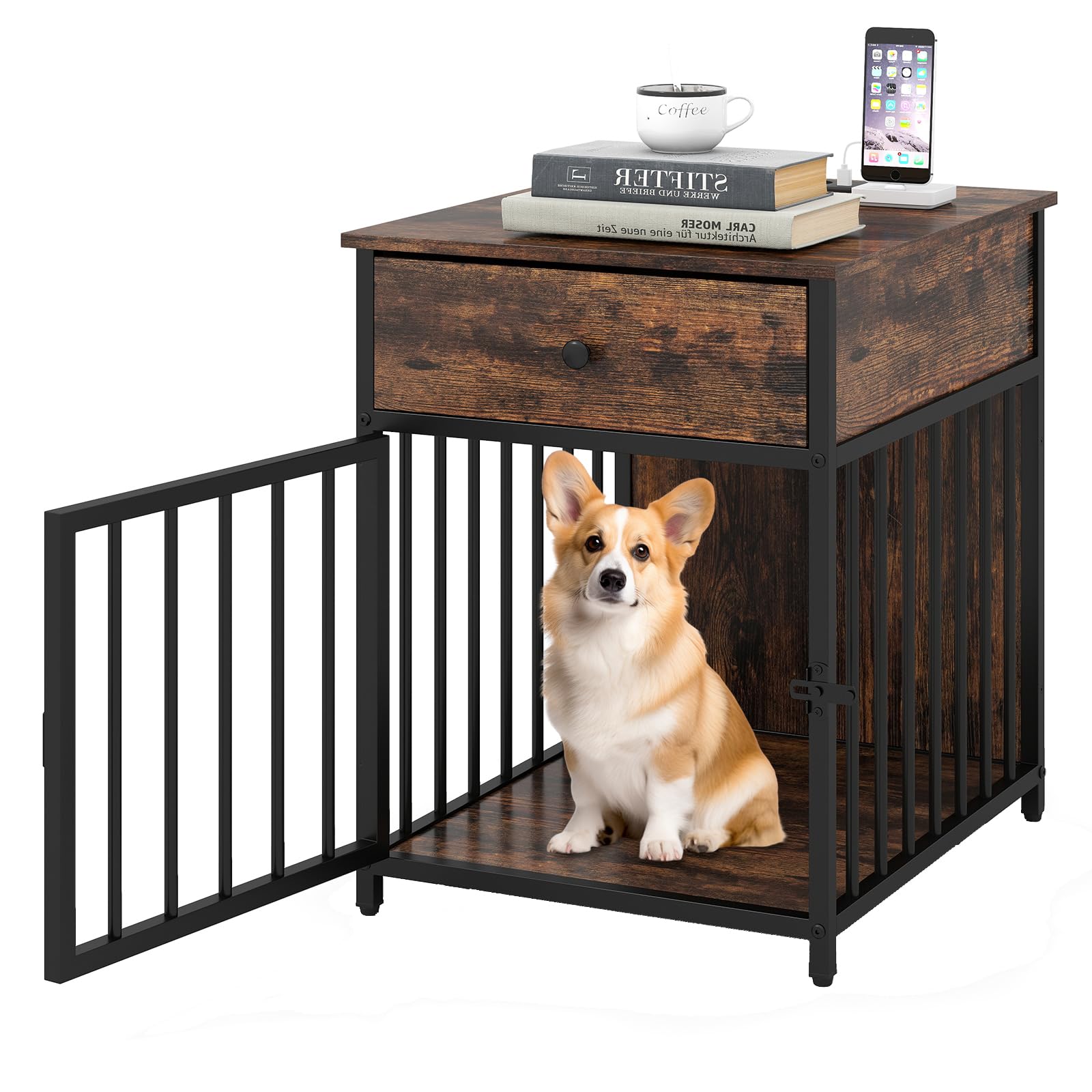 GOPLUS Hundekäfig Möbel, 60 cm Hundebox für zuhause, Hundehütte Metal für Haustiere mit Ladestation, abschließbare Tür, Indoor-Haus für kleine und mittelgroße Hunde, für Schlafzimmer & Badezimmer
