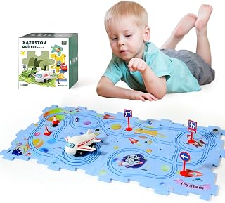 Puzzle Racer Kids Car Track Set, Plastic Floor Puzzles for Kids Ages 3-5 with Vehicles, Electric Trolley Puzzle, Toys Gifts for 2 3 4 5 6 Year Old Boys Girls, Montessori Toys for 3+ Years