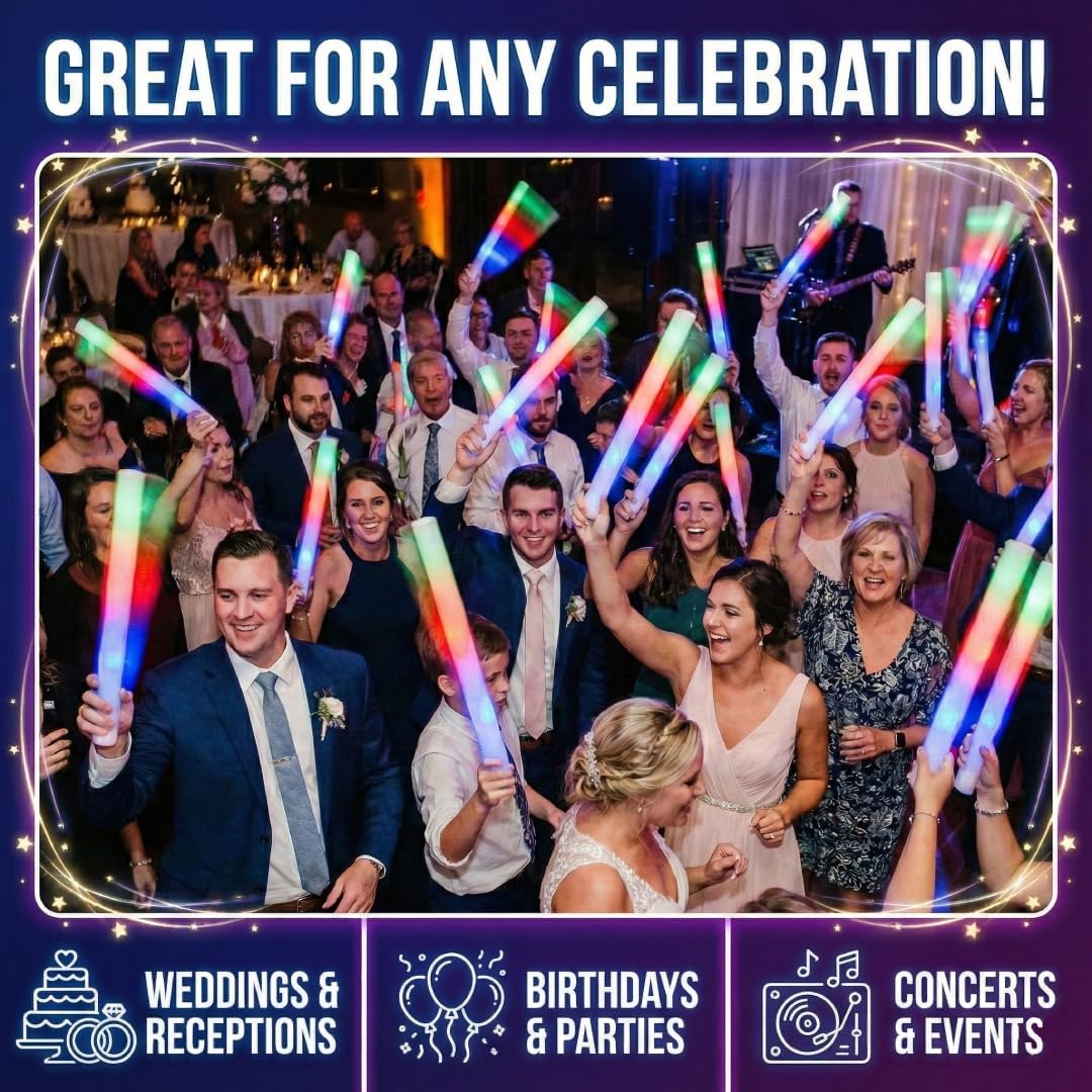LED 3 Color Foam Sticks Lights Party Batons Wand for Wedding, Parties, Birthdays, Guests, Party, DJ, Concerts, Festivals, Promotions Bulk Party Favors 3 Lighting Modes (100)