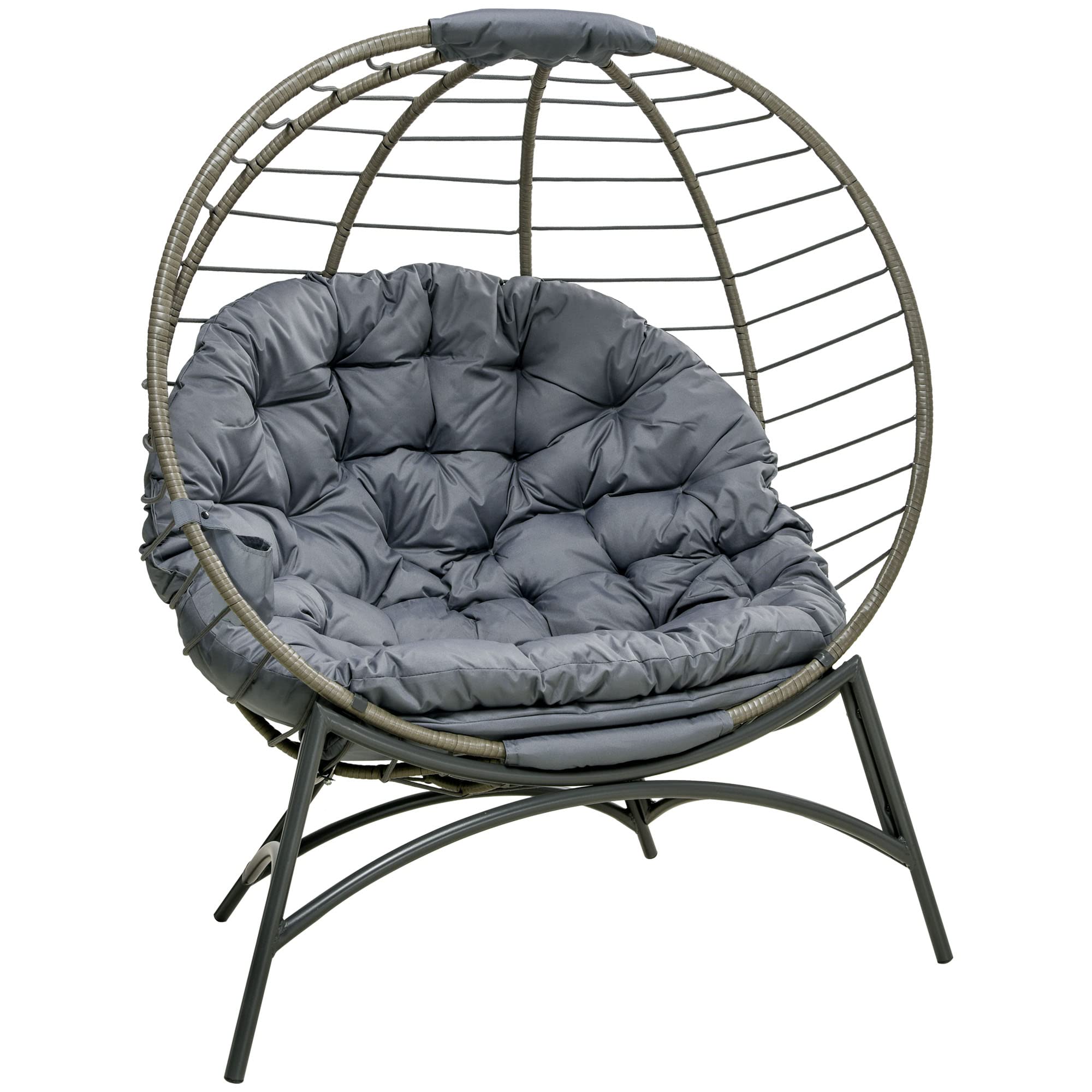 Rackhams Grey Rattan Egg Chair Wicker Basket Chair With Cushion Bottle Holder Bag - Steel, Pe Rattan, Polyester Fabric, Pp Cotton - 118Cm X 75Cm X 142Cm
