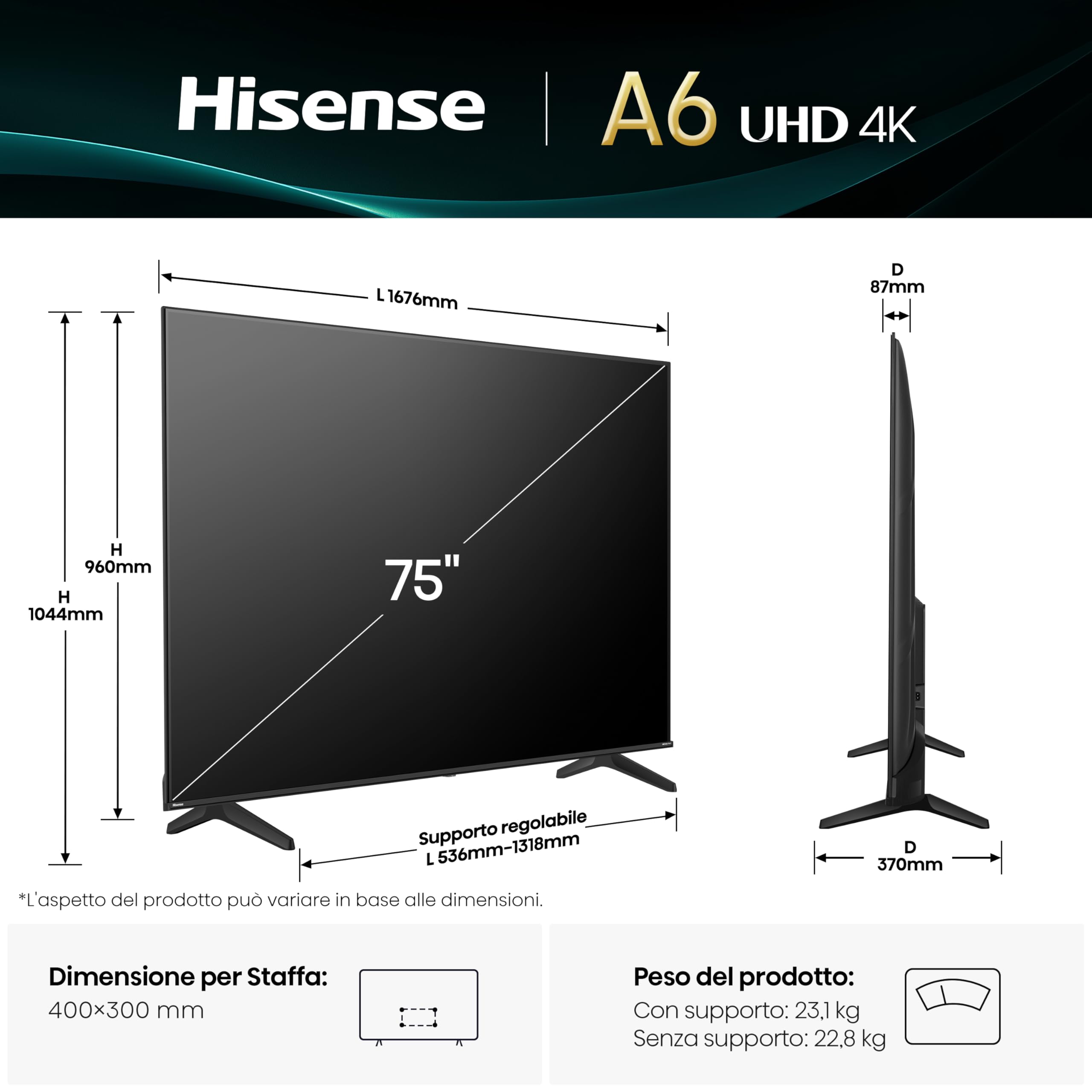 Hisense 75A6Q Smart TV 4K 75 Pollici VIDAA U8 - Dettaglio