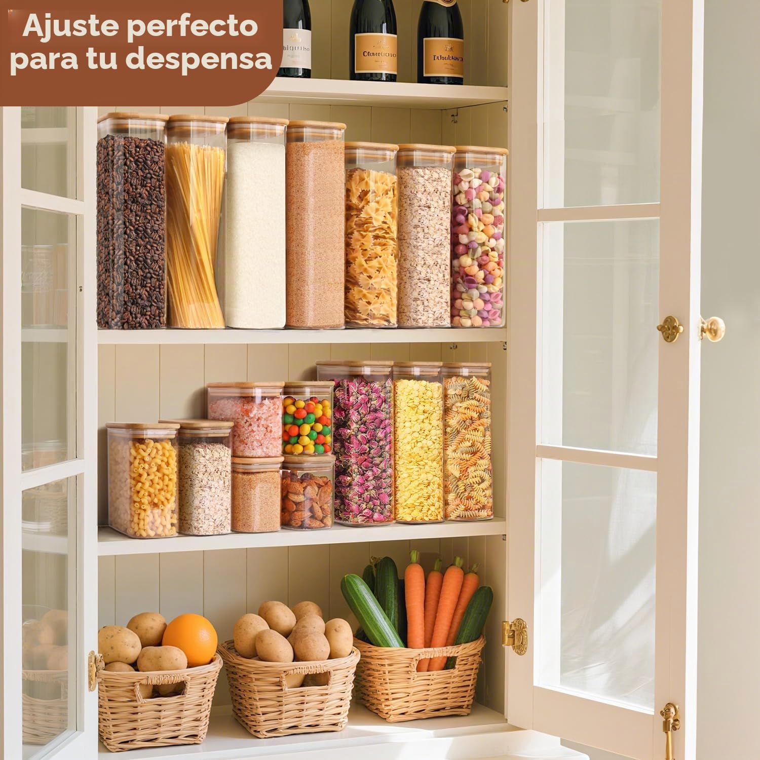 ComSaf Recipientes rectangulares de vidrio de 2 cuartos de galón con tapas, tarros de vidrio con tapas de bambú, tarro transparente para alimentos, juego de 3 recipientes cuadrados, organizadores de