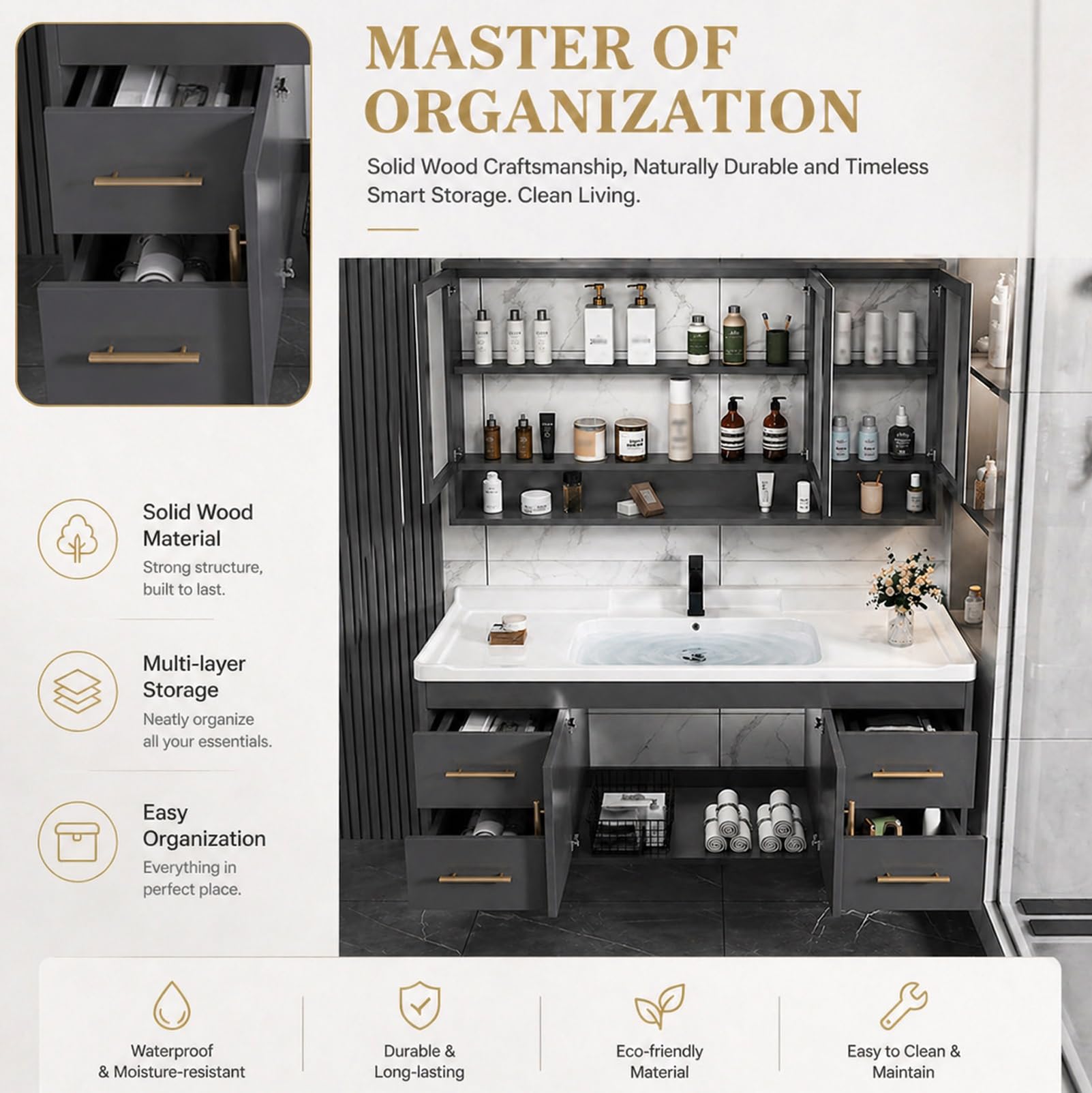 Badmöbel Set mit Waschbecken und Spiegelschrank, Hängender Waschbeckenunterschrank mit Keramikbecken, Modernes Badezimmermöbel Set mit Stauraum für Bad