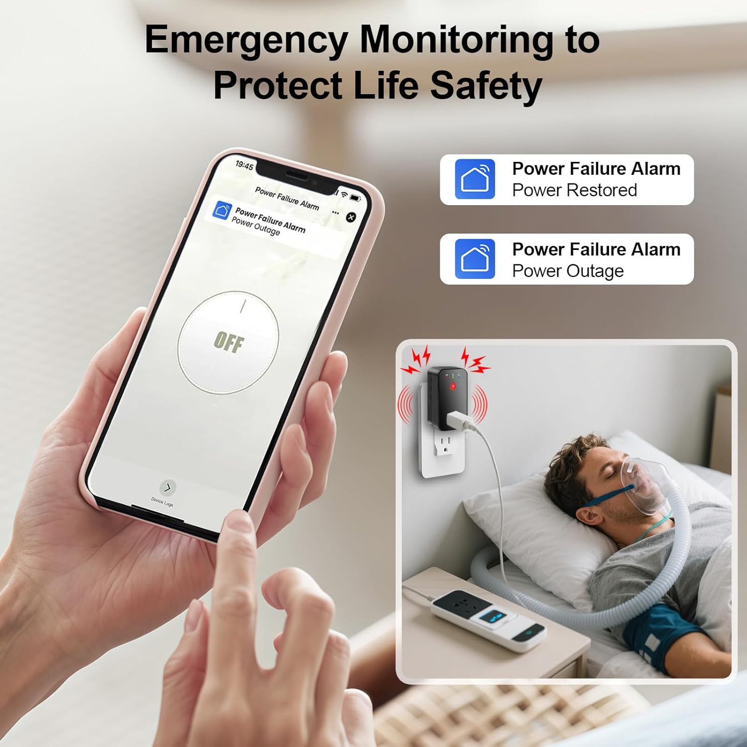Power Failure Alarm WiFi, 110dB Loud Freezer Smart Power Outage Alarm with LED Indicator, 3 Volume Levels & Voltage Detection, Socket Expansion, App Alerts, for Refrigerator, Sump Pump, Aquarium