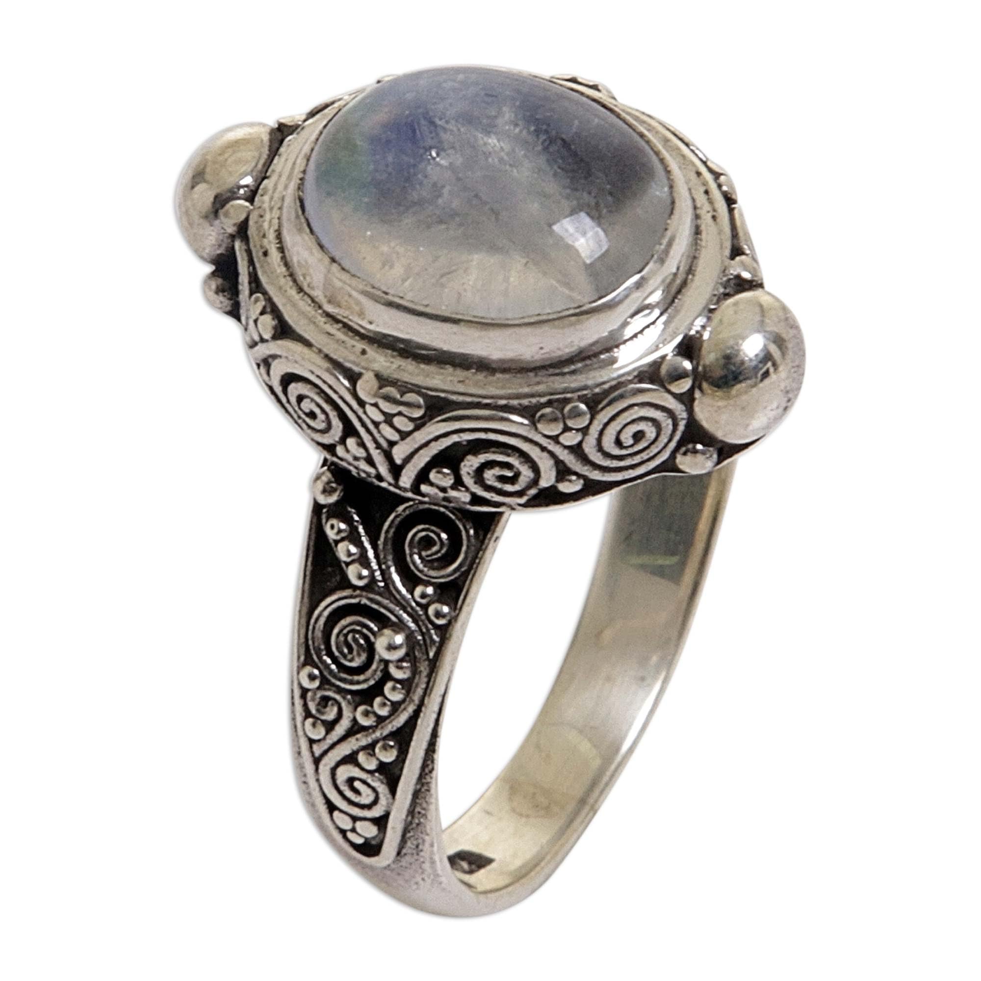 NOVICAArtisan Handmade Rainbow Moonstone Cocktail Ring .925 Sterling Silver Indonesia Clear 'Magic Portal'