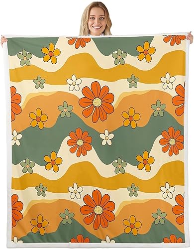 Miniatura 8 de Manta de vellón Kawaii Mushroom Boho – Hippie Groovy Floral Sherpa Queen – 60s 70s Retro Vintage Theme Throw – Chic Daisy Flower Plush Geometric