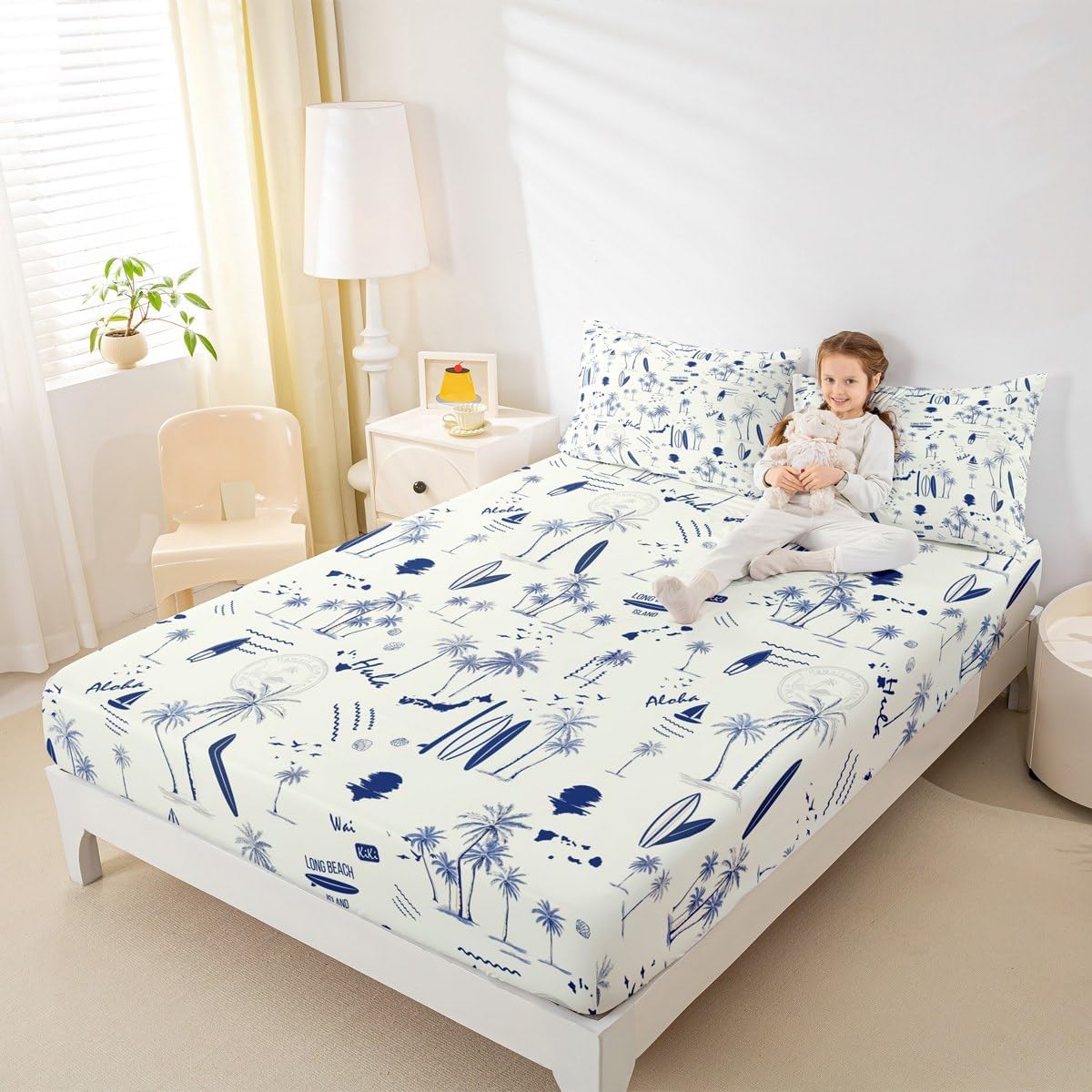 Coastal Beach Fitted Sheet Full Size,Surfboard Sailboat Palm Tree Bedding Set 3Pcs for Kids Girls Boys Teens Room Decor Summer Ocean Life Bed Sheet Navy Blue White Deep Pocket Sheet,2 Pillowcases