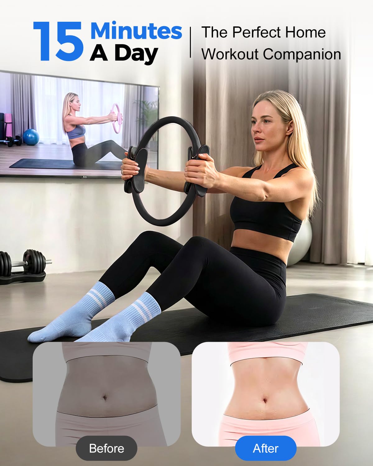 Pilates Essentials Kit para Mujer, Equipo de Pilates Magic Circle de 14 Pulgadas, Juego de Anillo de Pilates y Bola, 5 Bandas de Resistencia y Accesorios para Entrenamiento en casa, Principiantes
