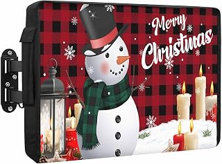 Merry Christmas Outdoor TV Cover Winter Snowman Candle Red Plaid Waterproof Weatherproof TV Screen Protector with Remote Control Pocket for 40 to 43 Inch Television Outside
