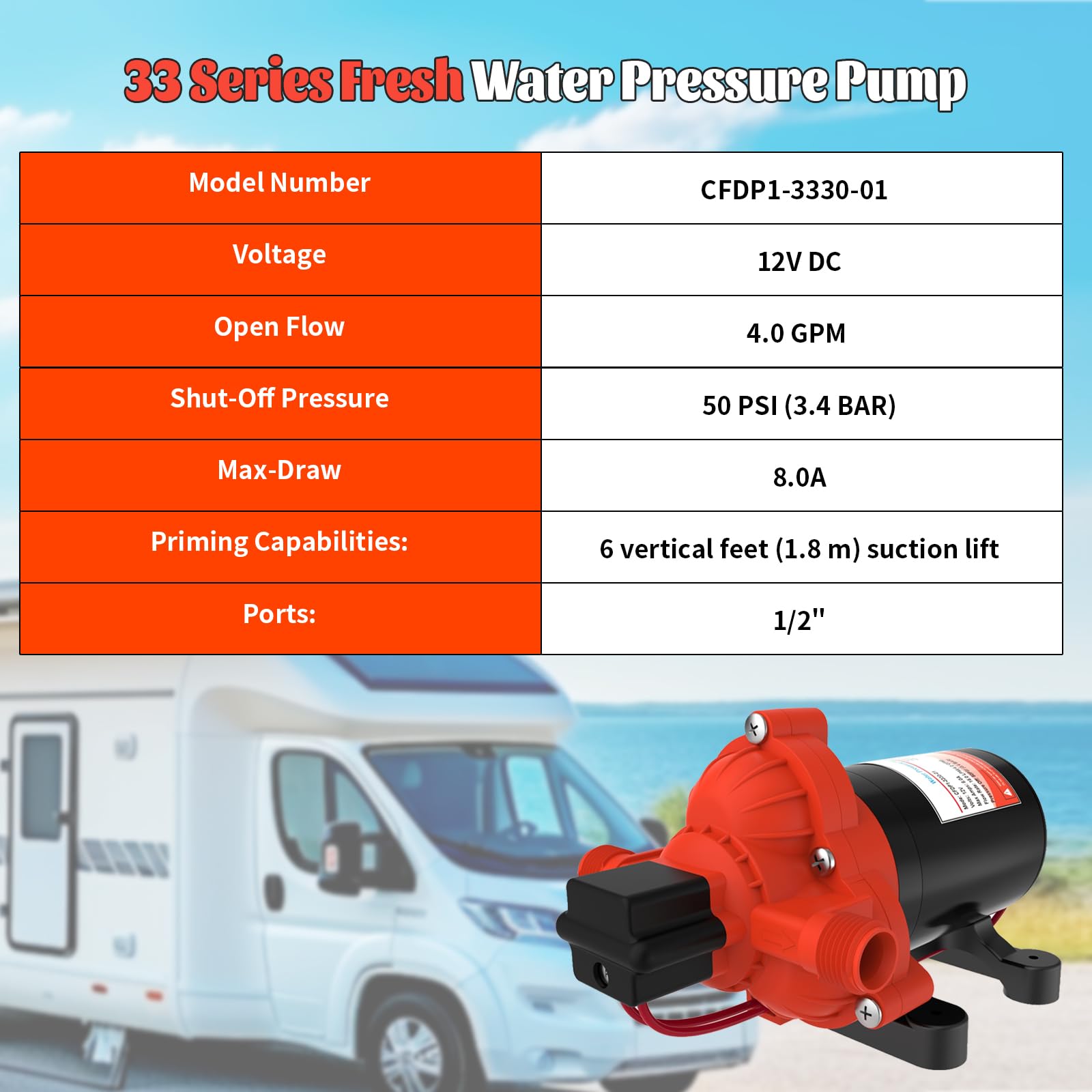 Pompa samozasysająca z membraną wodną serii 33 12 V 4,0 GPM 50PSI Rv/Marine 12 V DC Zapotrzebowanie świeże