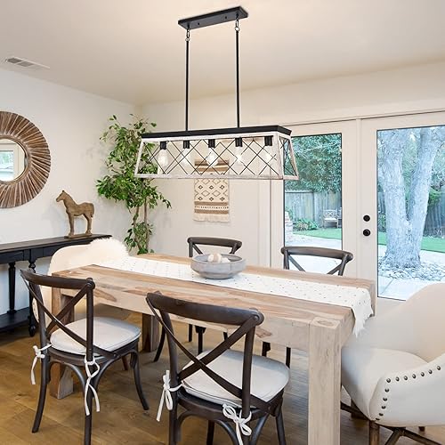 Miniatura 7 de Lámpara de araña de granja de 5 luces, iluminación de isla de cocina, acabado de madera blanca rústica, lámpara de comedor de altura ajustable,