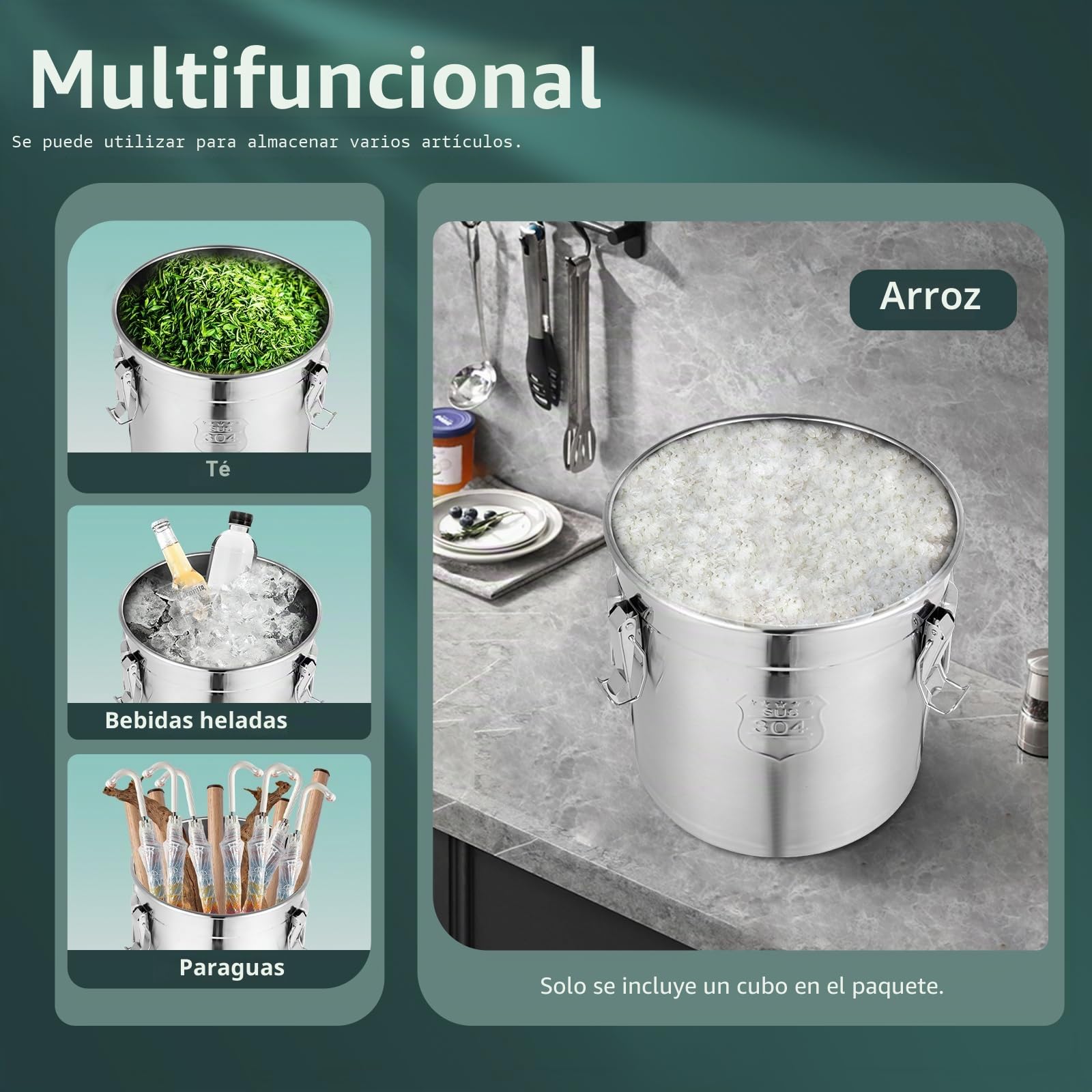 Cubo hermético de acero inoxidable con tapa, 6 L, 12 L, 21 L, 33 L, para cereales, harina y cereales (33 x 33 x 30 cm, 21 L)
