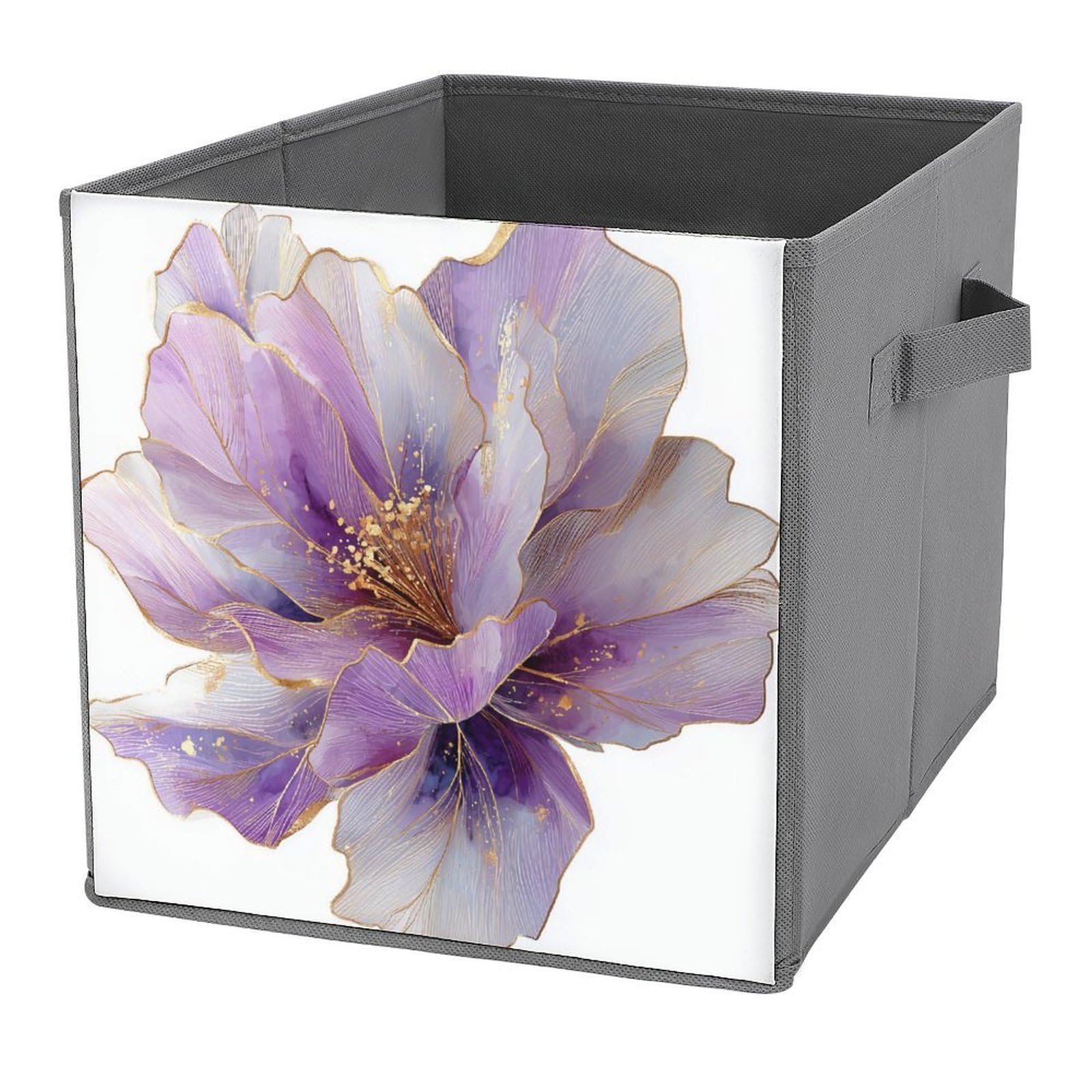 Jubonexis Abstract Watercolor Translucent Lilac Flower with Gold Cube Storage Bins Storage Cubes Foldable Decorative Fabric Storage Baskets Home Organizers with Handles for Shelves,Closet, 27x27 CM