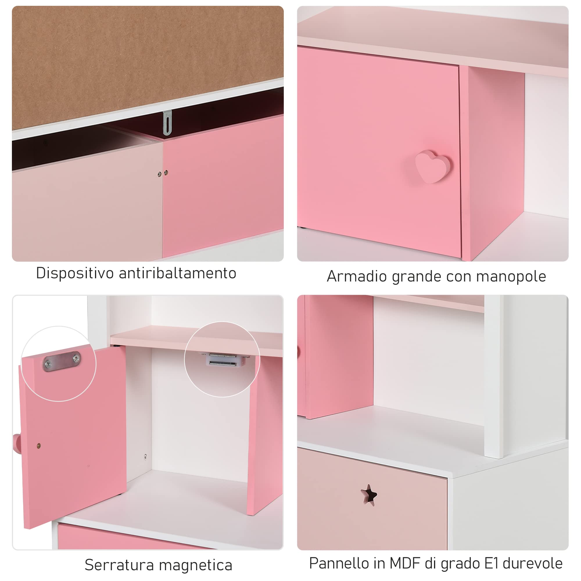 HOMCOM Libreria Scaffale Portagiochi Rosa per Cameretta Bimbi e Ragazzi con 2 Cassetti Estraibili, 80 x 34 x 130 cm