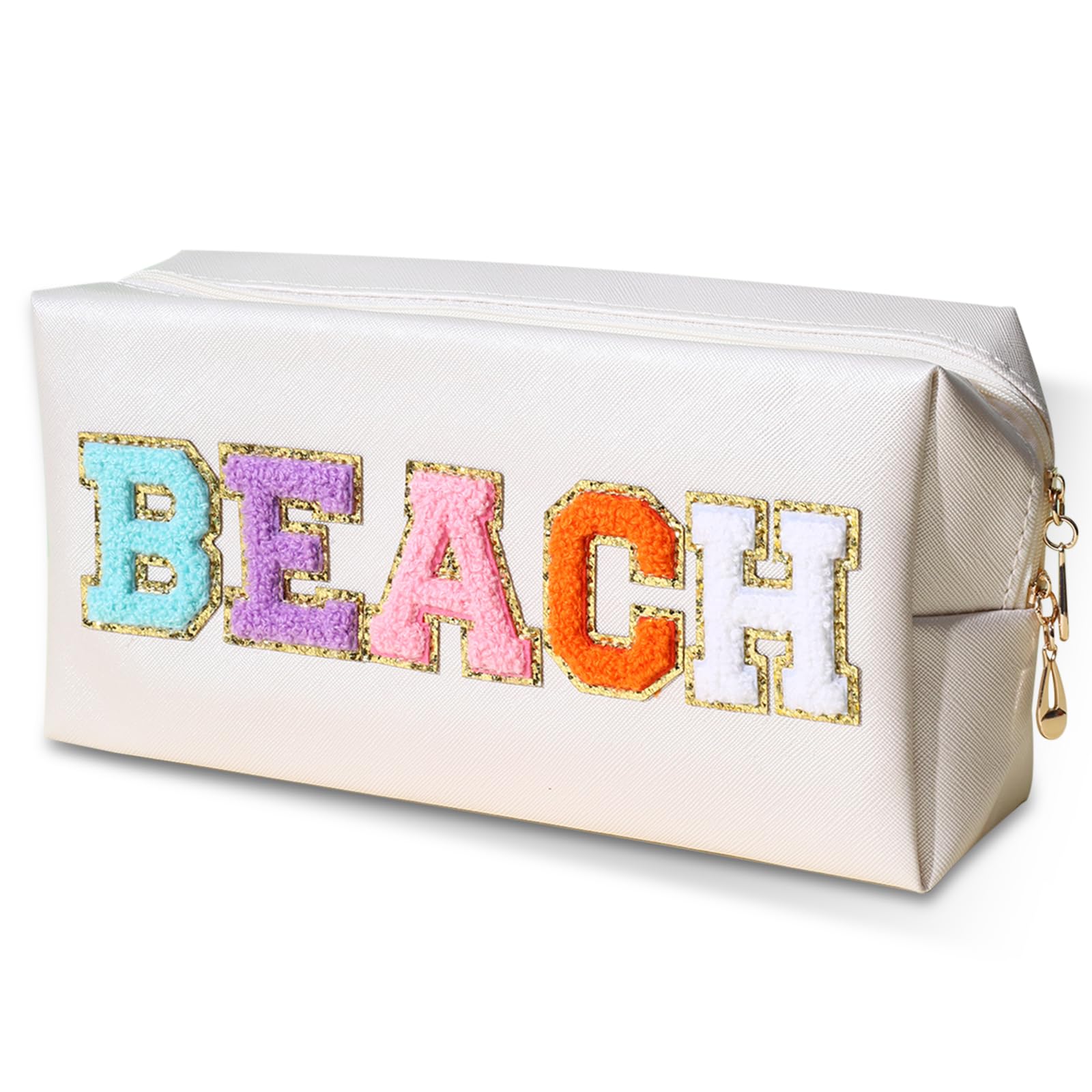 Beauty case - Borsa da viaggio, custodia impermeabile in pelle PU con grande capacità, custodia pieghevole, squisiti adesivi con lettere, 26 x 13 x 7 cm, Spiaggia, Trousse portatile