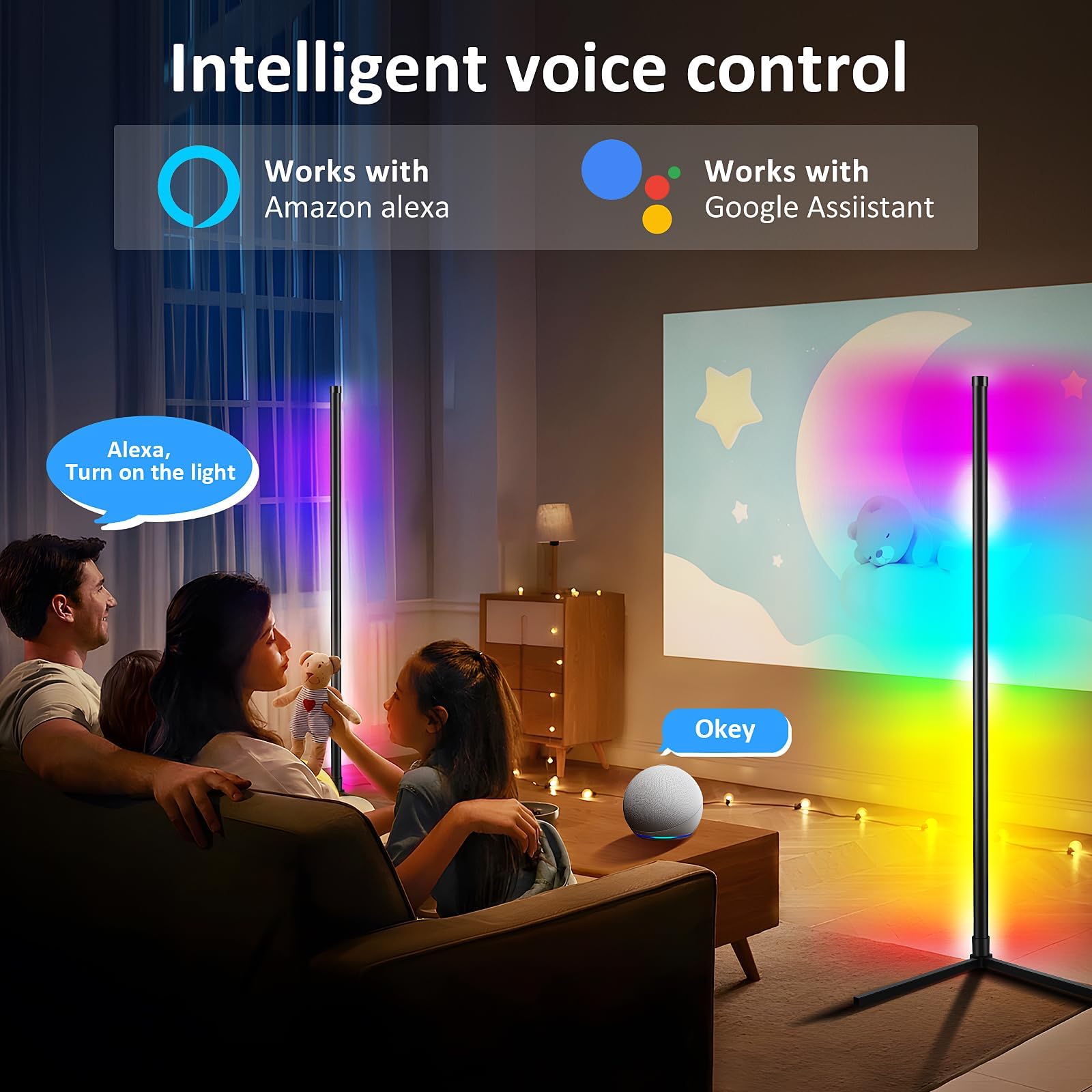 Euakee Lampadaire sur Pied Salon, WiFi RGBIC Lampadaire LED d'Angle avec Alexa/Google Home, Musique Sync, 16 Millions Couleurs, Lampe Moderne pour Salon, Chambre, Salle de Jeux (2 Pièces)